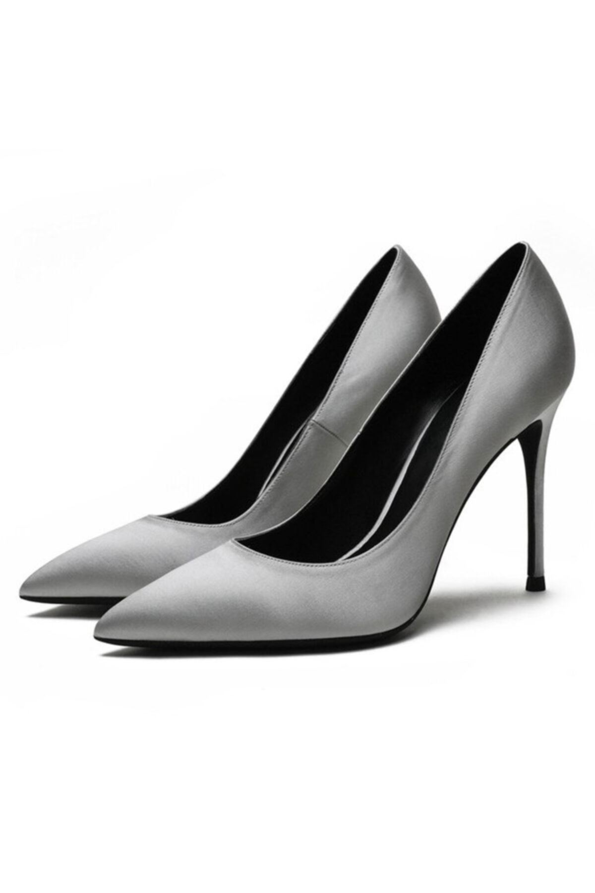 Picky Rose , Gri Saten 10cm Topuk Stiletto