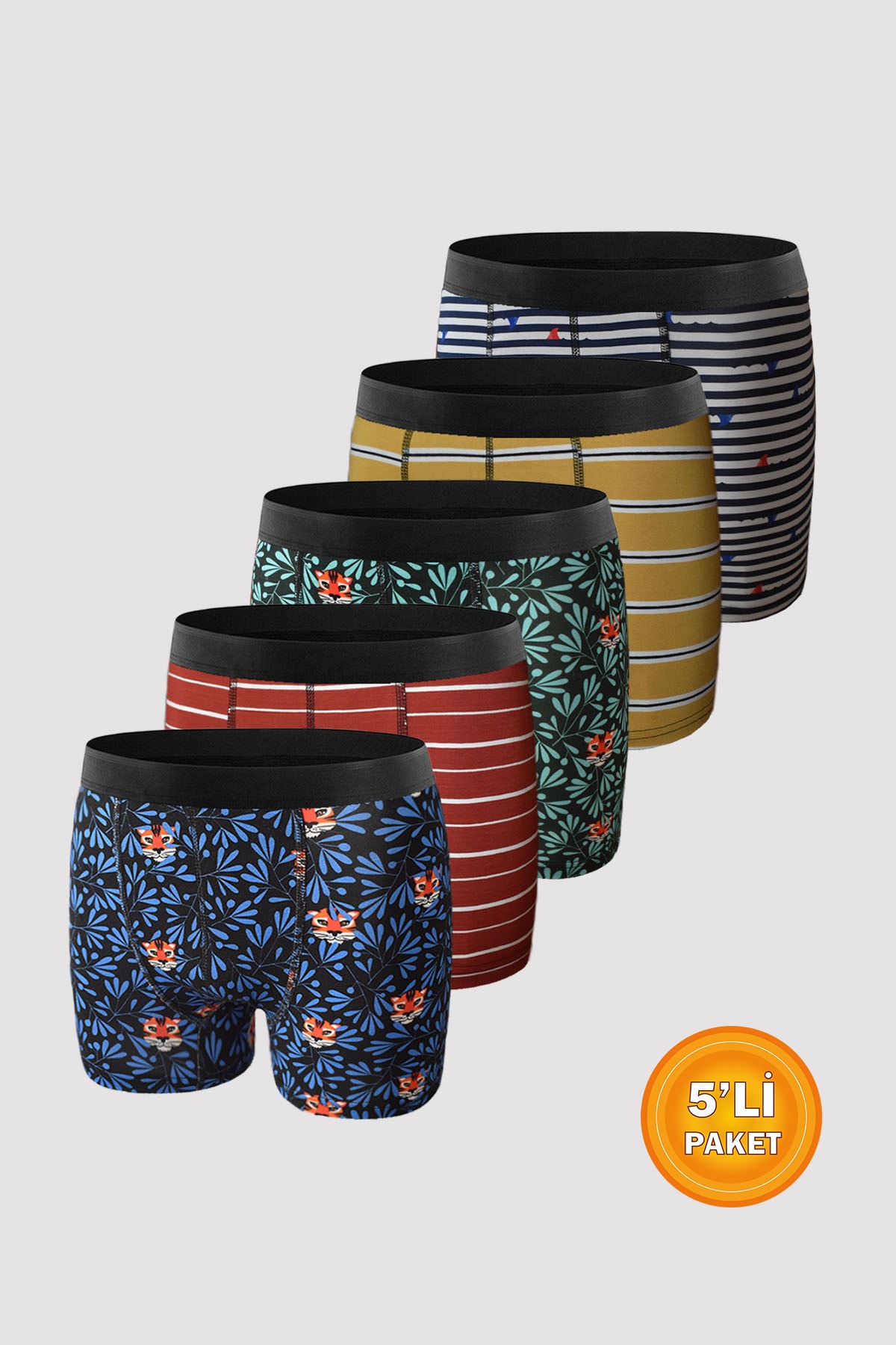 UMFANG Erkek Koyu Desenli Boxer 5'li Pamuklu Likralı