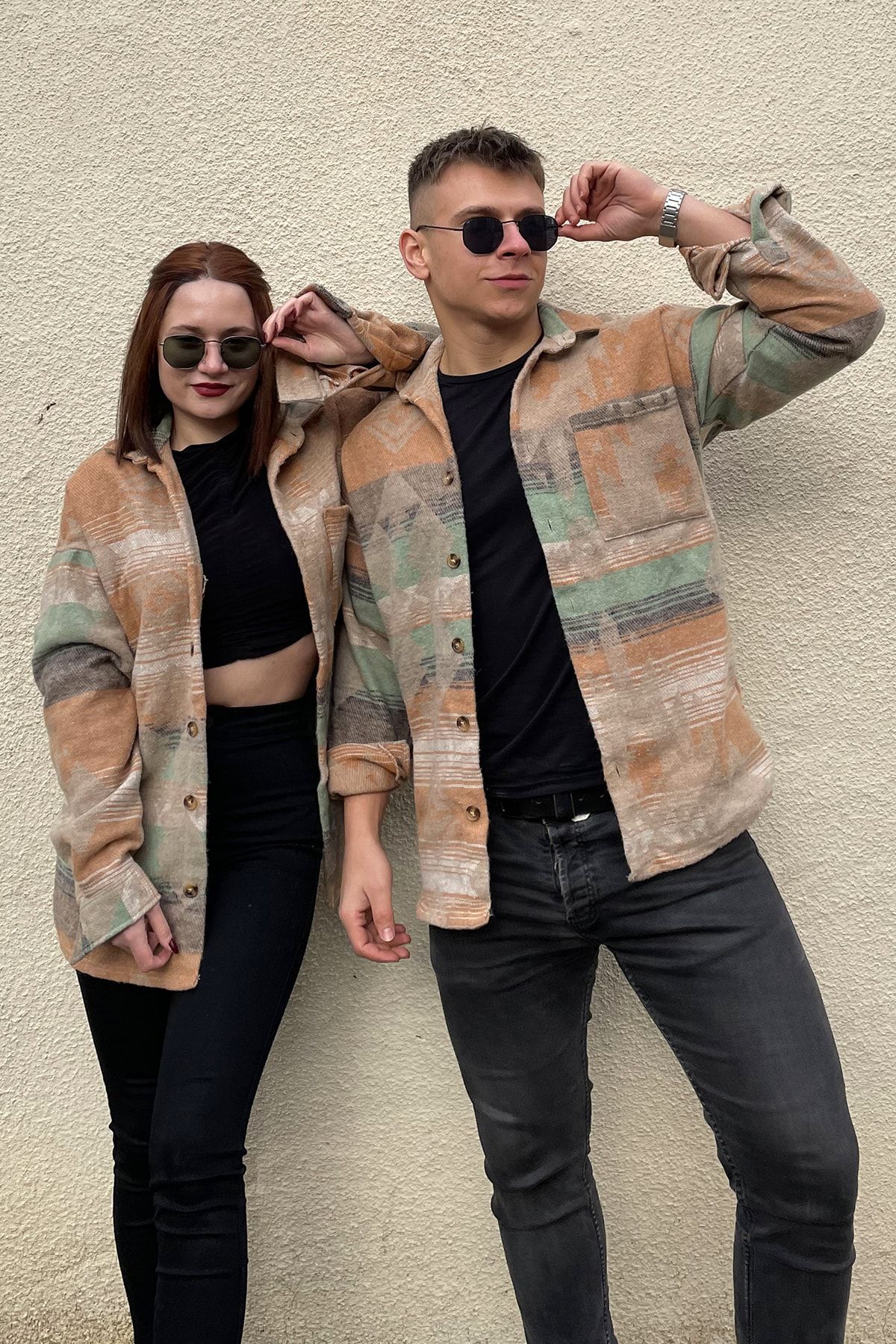 PUMP BUTİK Unisex Turuncu Tek Cepli Etnik Desen Oduncu Gömlek