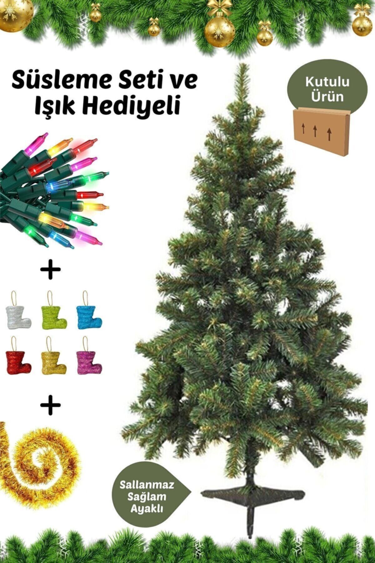 SANCAK OYUNCAK 150 Cm Yılbaşı Çam Ağaç Seti 5 Metre Peri Led Işıklı Ve Yılbaşı Süsleri Paketi, Kar Spreyi