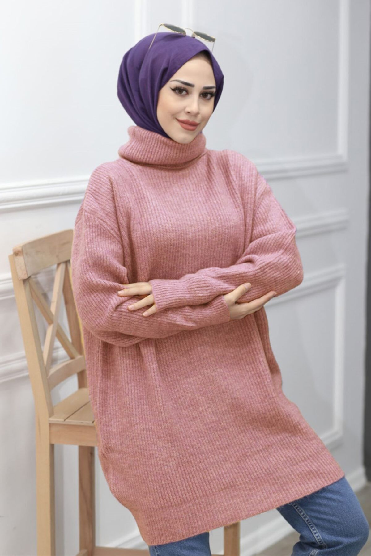 MODAMİKS Balıkçı Yaka Oversize Triko Kazak Tunik - Pudra Pembesi