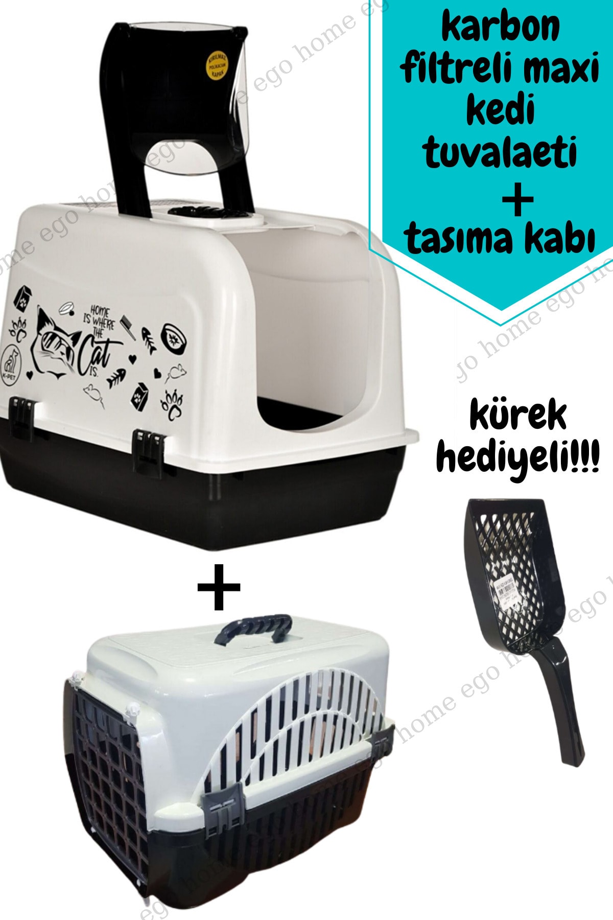 ego home Xxl Maxi Kedi Tuvaleti Karbon Fitreli Üstten Açılır+taşıma Kabı