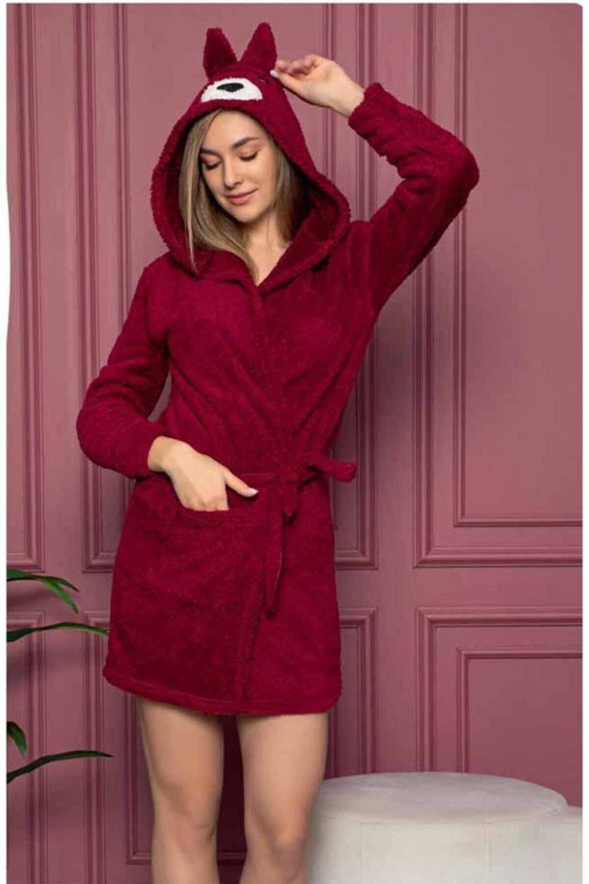 IMER FASHION Kadın Bordo Nakışlı Kapüşonlu Welsoft Peluş Sabahlık