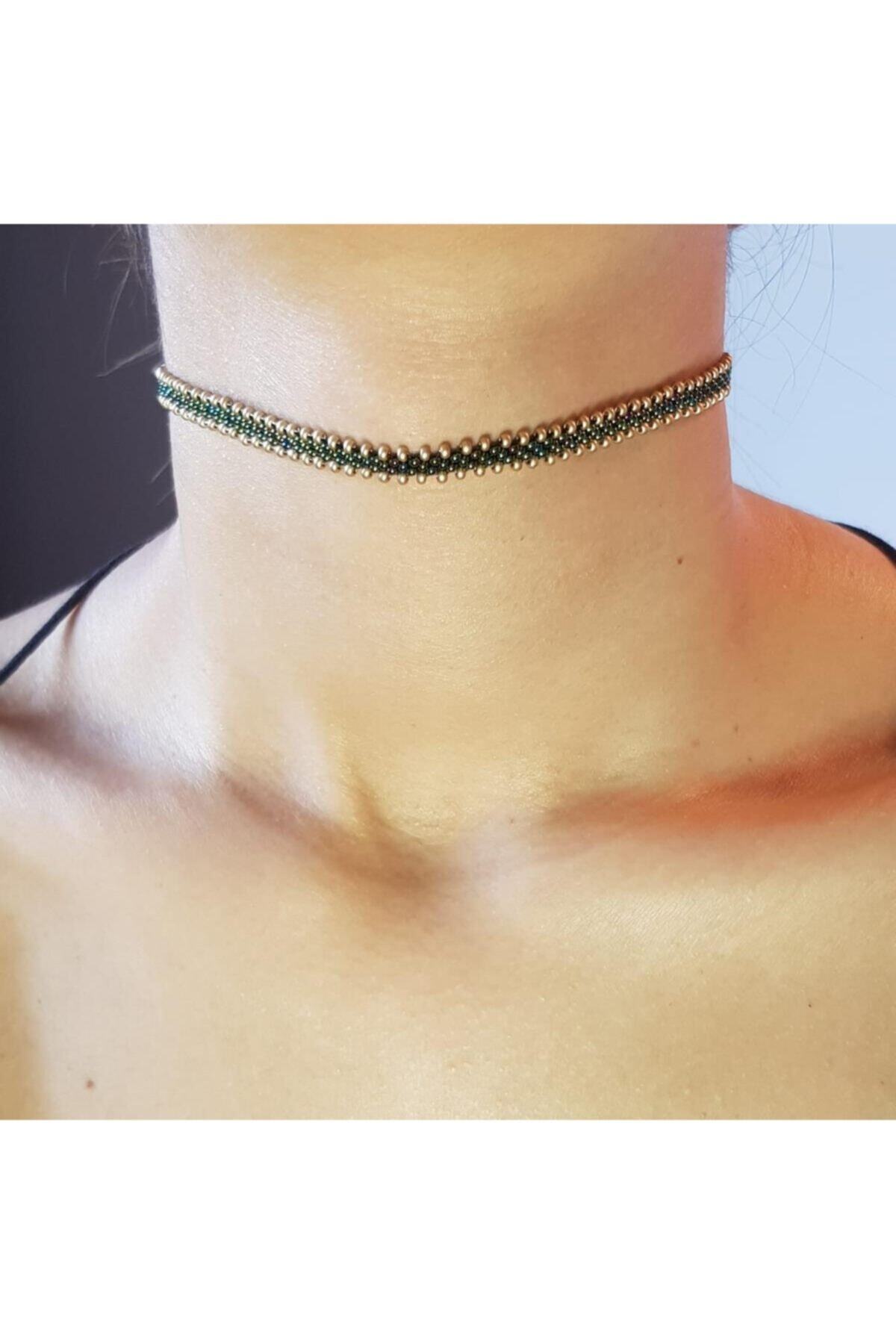 Handmade By HLY El Yapımı Antik Yeşil Gold Choker Kolye