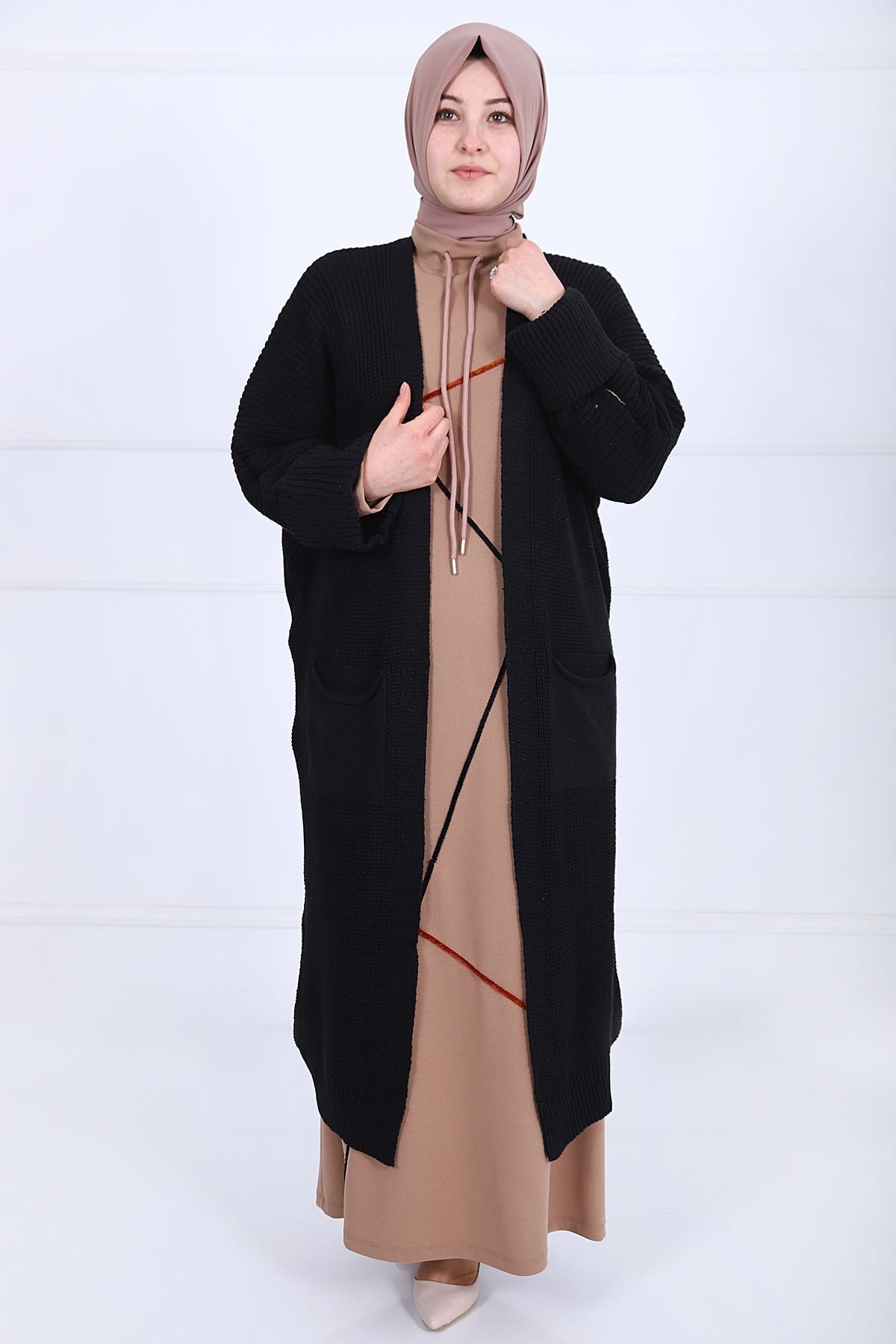 kombinal Siyah Yarasa Kol Uzun Triko Hırka- 16738