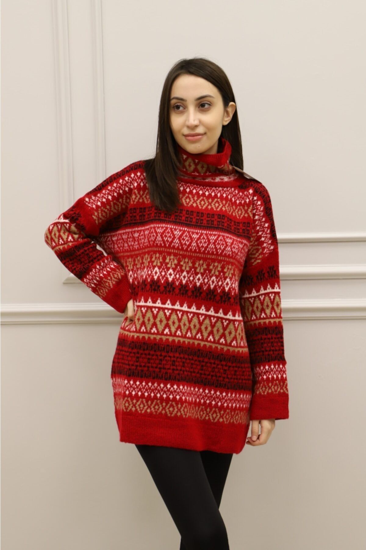 SERDAR BUTİK Hotfasion Etnik Desen Boğazlı Kazak Bordo