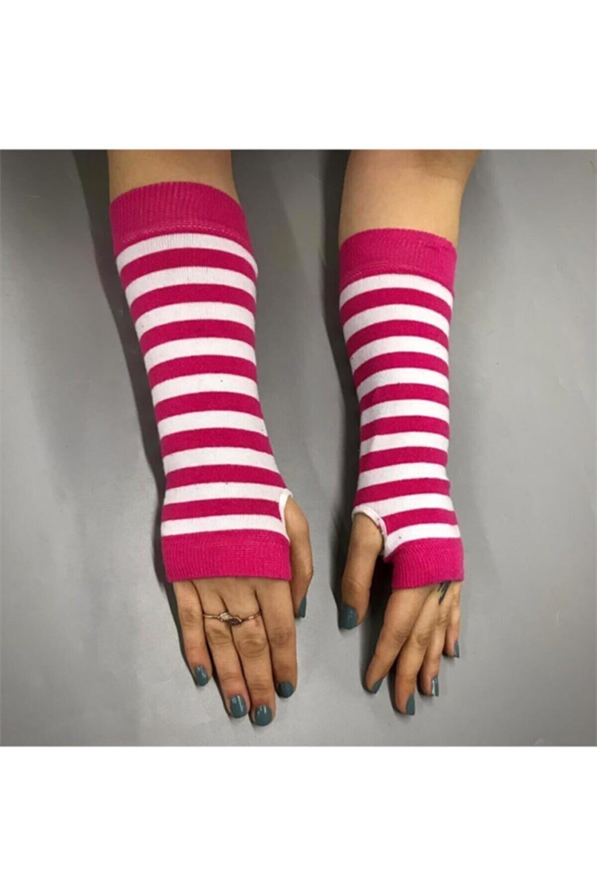 Köstebek Dailyfashion Harajuku Grunge Pembe Beyaz Çizgili Parmaksız Kolluk Eldiven