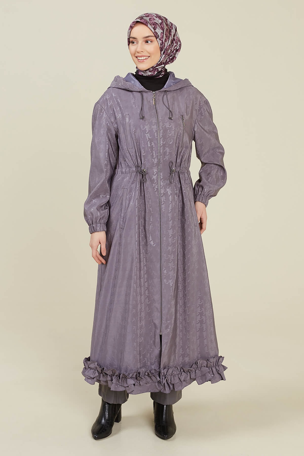 Setrms Gri Jakarlı Kazayağı Desenli Pardösü 2212029