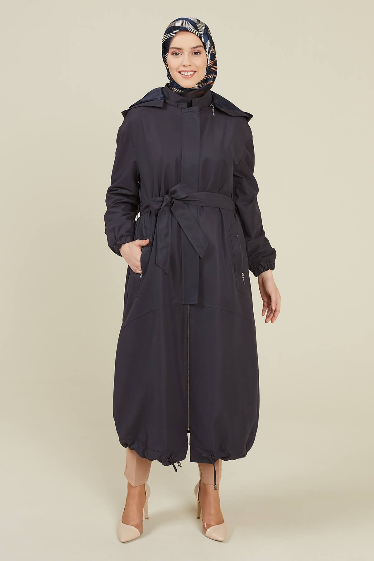 Setrms Lacivert Kapüşonlu Kemer Detaylı Pardösü 2212013