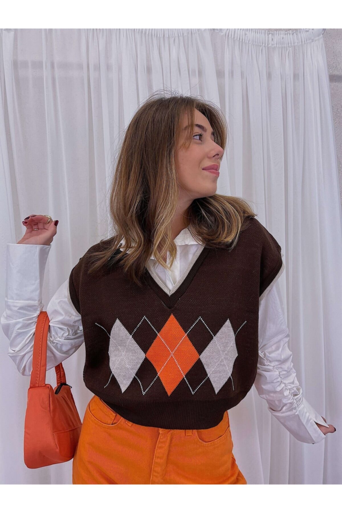 Valeria Vilson Kadın Kahverengi Baklava Desen Süveter