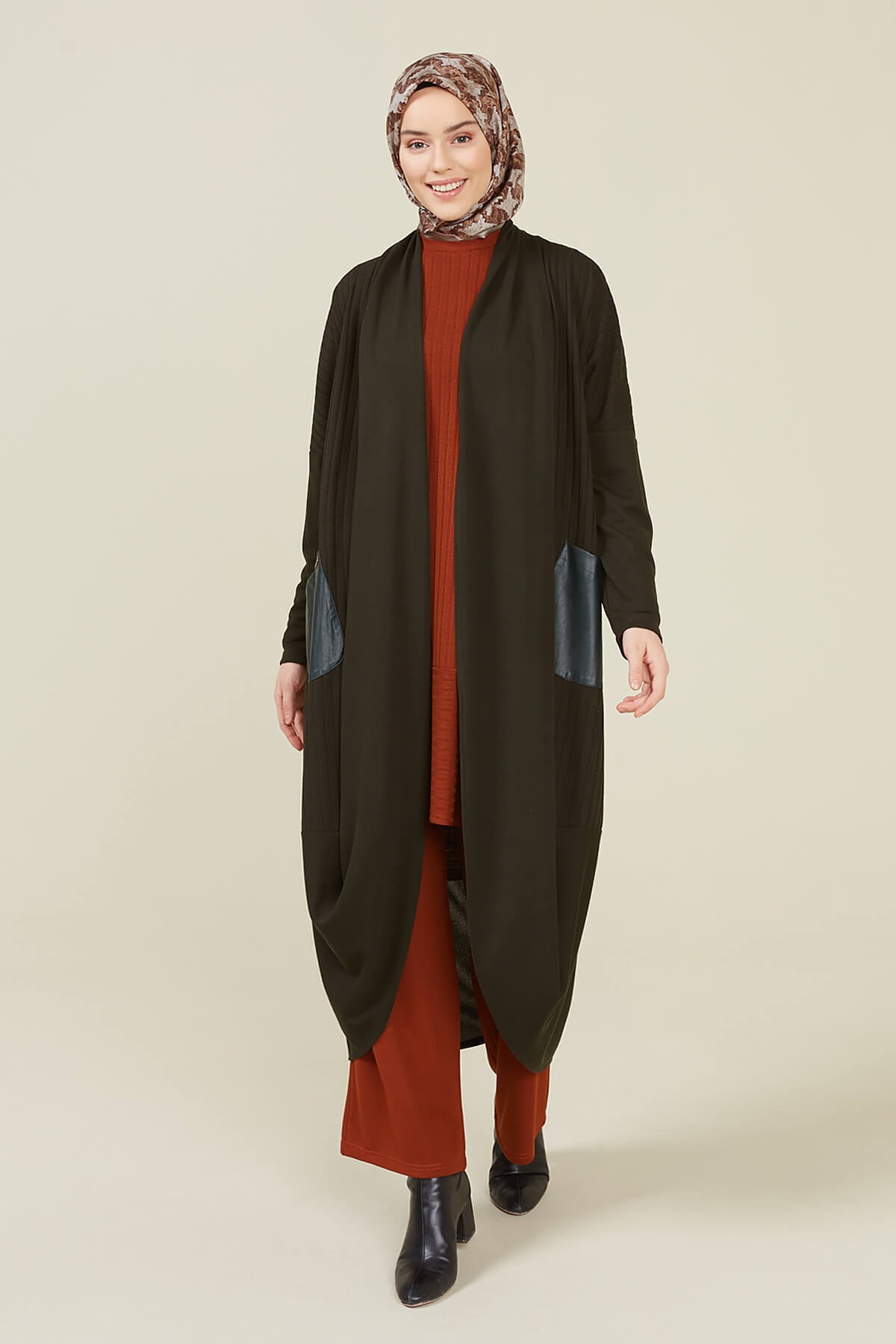 Setrms Haki Deri Cep Detaylı Triko Hırka