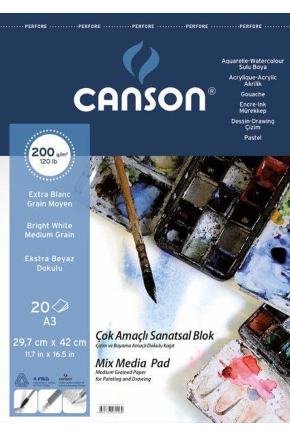 Canson Mix Media Spiralli Çizim Defteri 200g A3 20 Yaprak