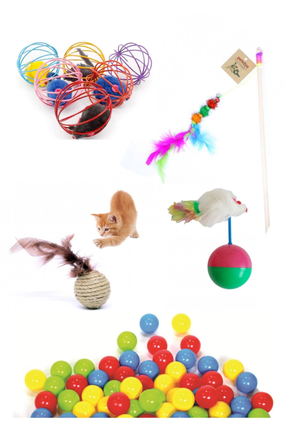 HERASTORE Kedi Oyun Seti 5'li Olta Fareli Tel Top Hasır Top Hacıyatmaz Renkli Oyun Topu