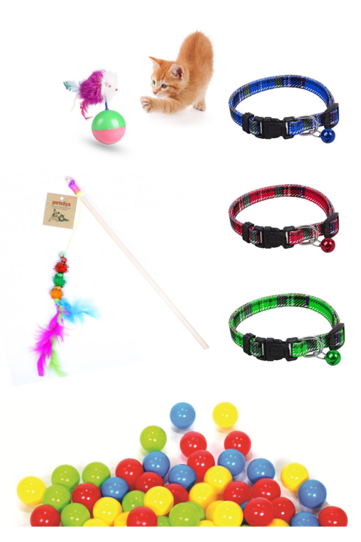 HERASTORE Kedi Oyun Seti 4'lü Olta Hacıyatmaz Tasma Renkli Oyun Topu