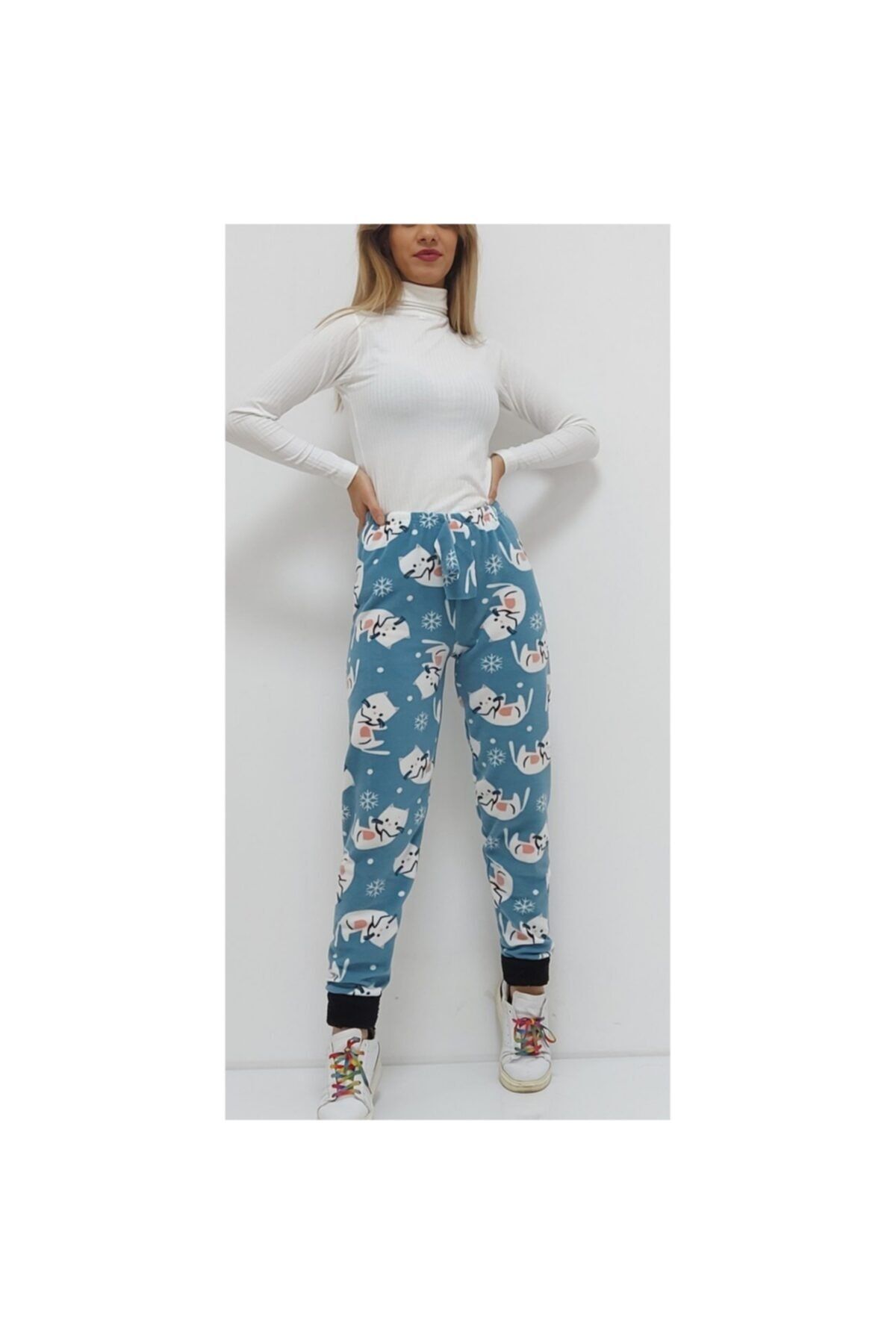 modagaleria Kedi Desenli Paçası Polar Pijama Altı Mavi