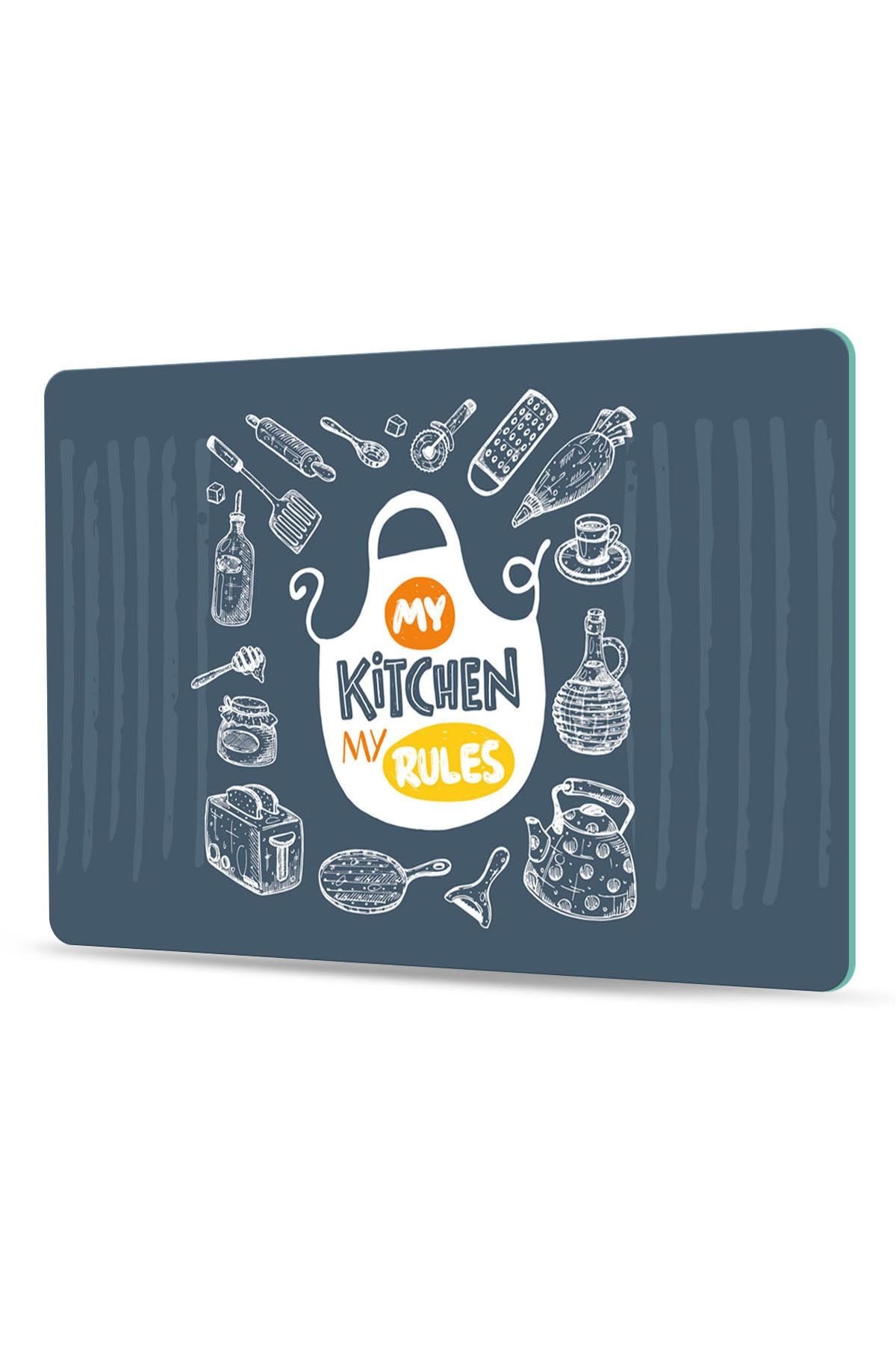 Decovetro Cam Kesme Tahtası Ve Sunum Tablası My Kitchen My Rules Desenli