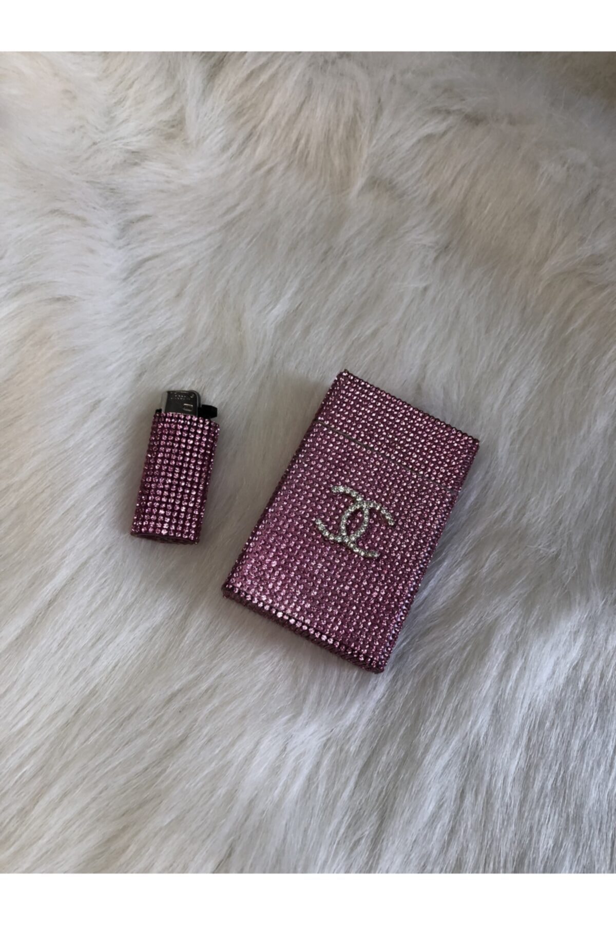 BUTİKSULTANS Taşlı Pembe Kısa Slim Sigara Tabaka Takımı