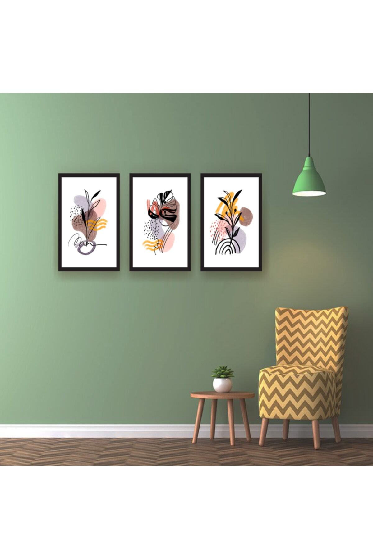 ABBA Lila 3'lü Bohem Tarz Yaprak Desenli Parçalı Dijital Baskı Tablo Seti 30x50