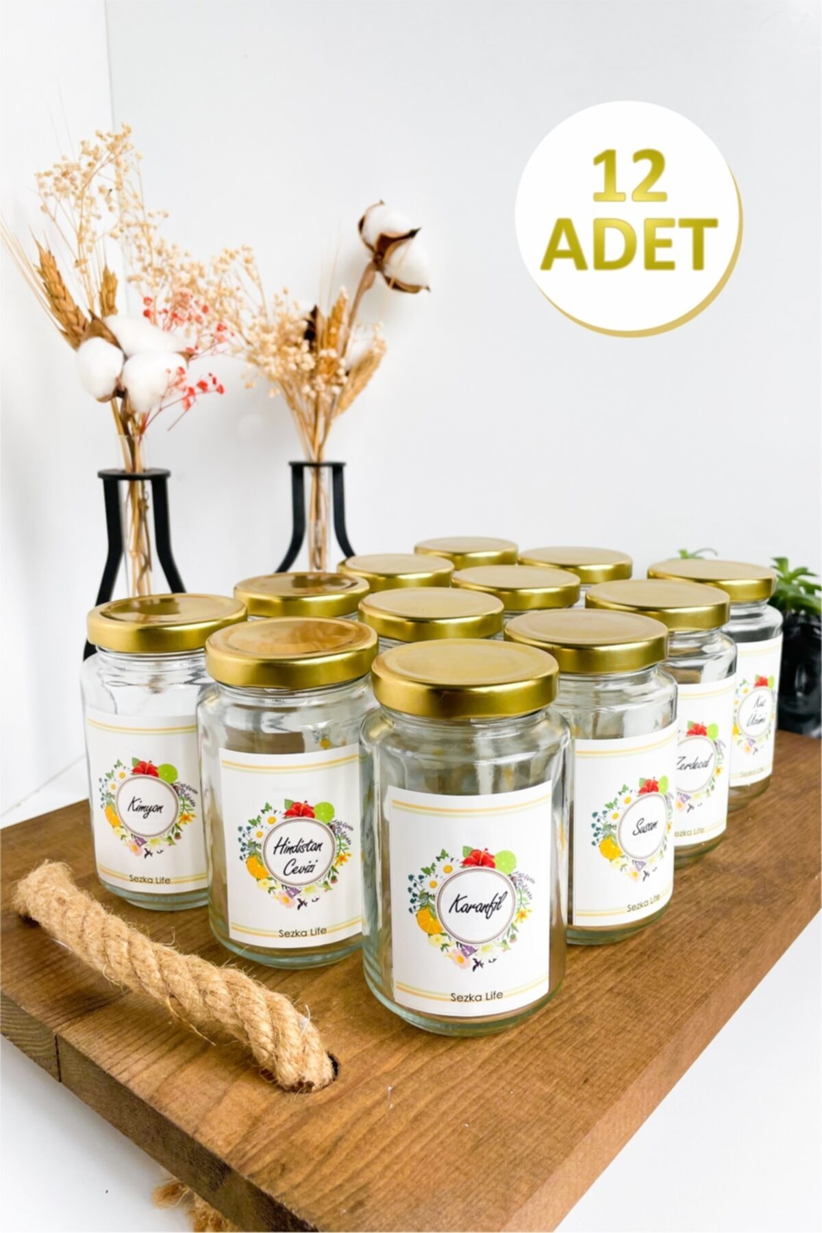 Sezka Life 12'li Metal Gold Kapaklı Cam Kavanoz Baharatlık Ve 28 Adet Baharat Etiket Seti - 240ml