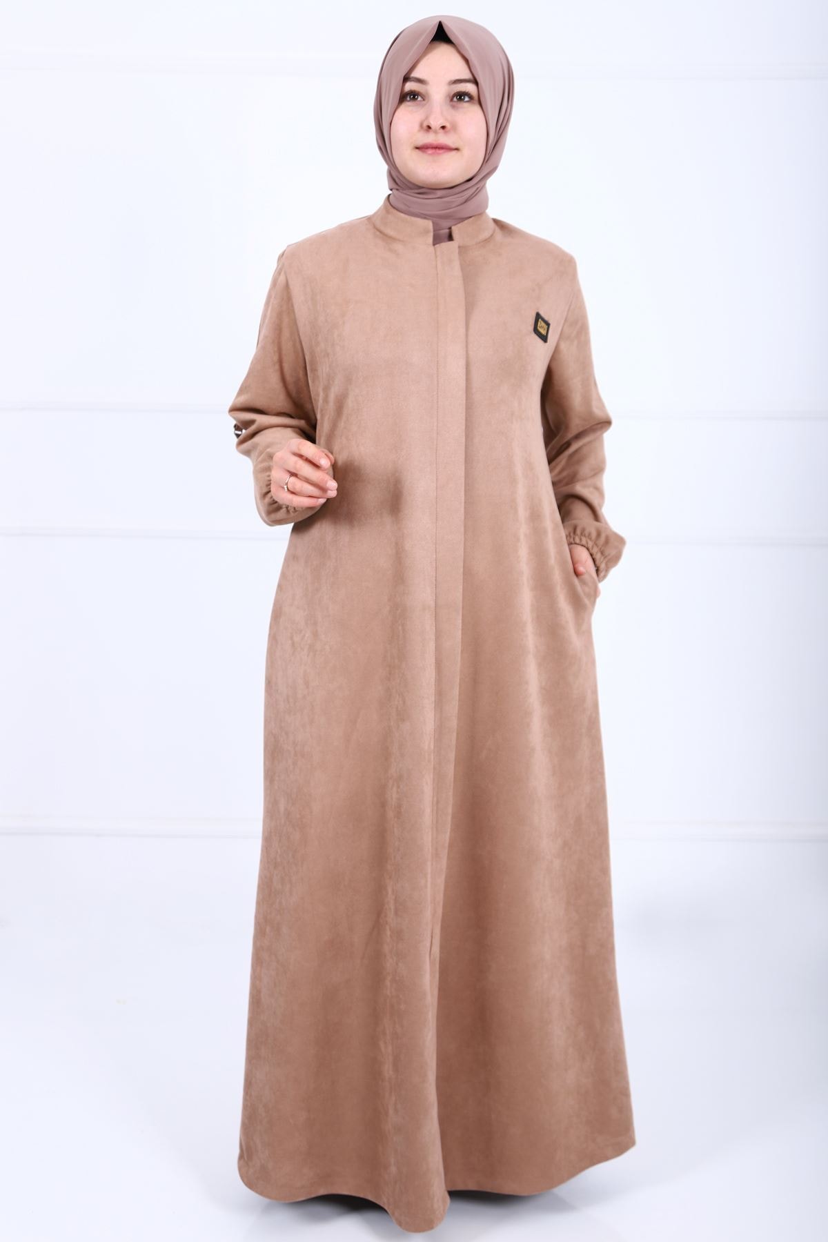 kombinal Kadın Bej Fermuarlı Büyük Beden Süet Pardesü