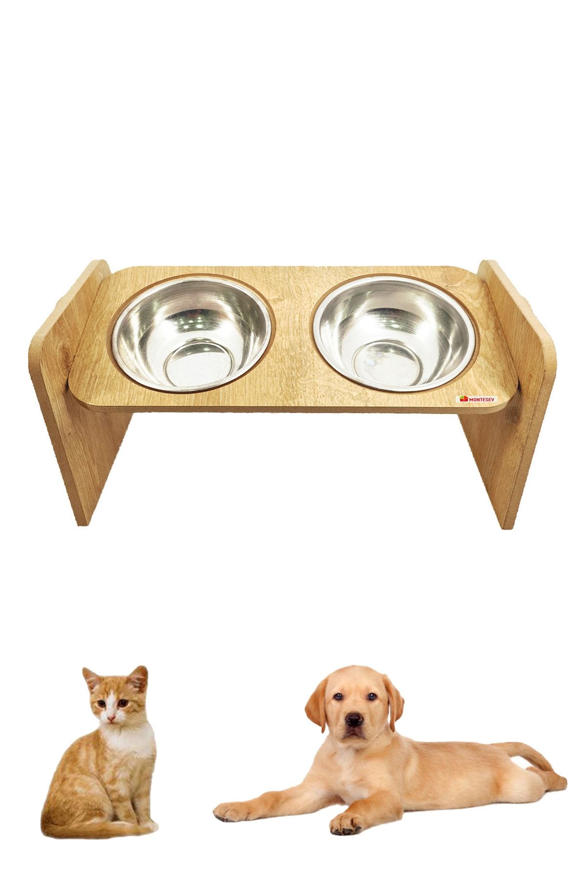 MONTESEV Kedi Köpek Mama Ve Su Kabı Mamalığı Ahşap ( Eğim Ayarlı )