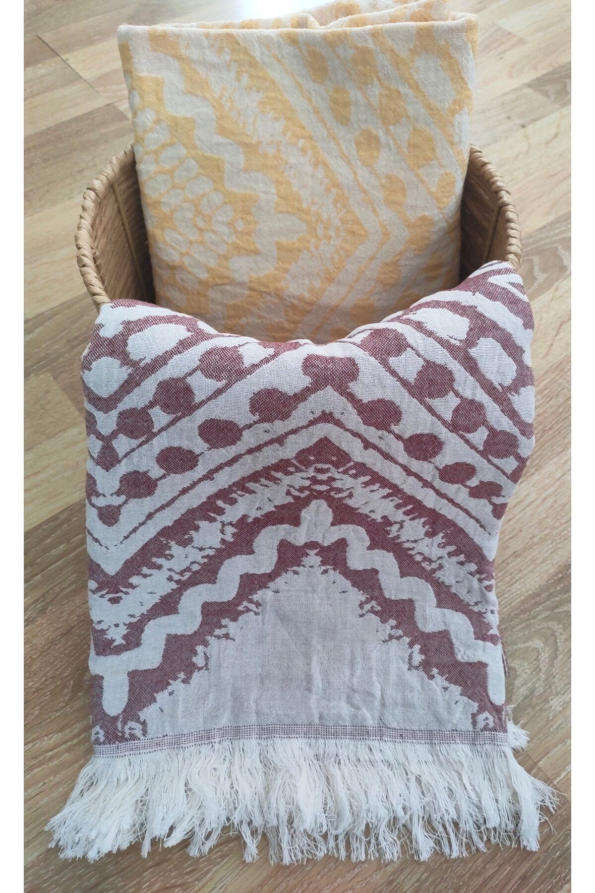 ALDEN HOME Çift Katlı Etnik Desenli Bordo Plaj Havlusu Banyo Havlusu Peştemal
