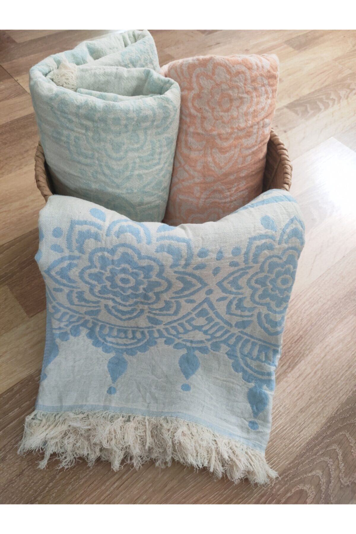 ALDEN HOME Çift Katlı Çiçek Desen Turkuaz Renk Plaj Havlusu Banyo Havlusu Peştemal