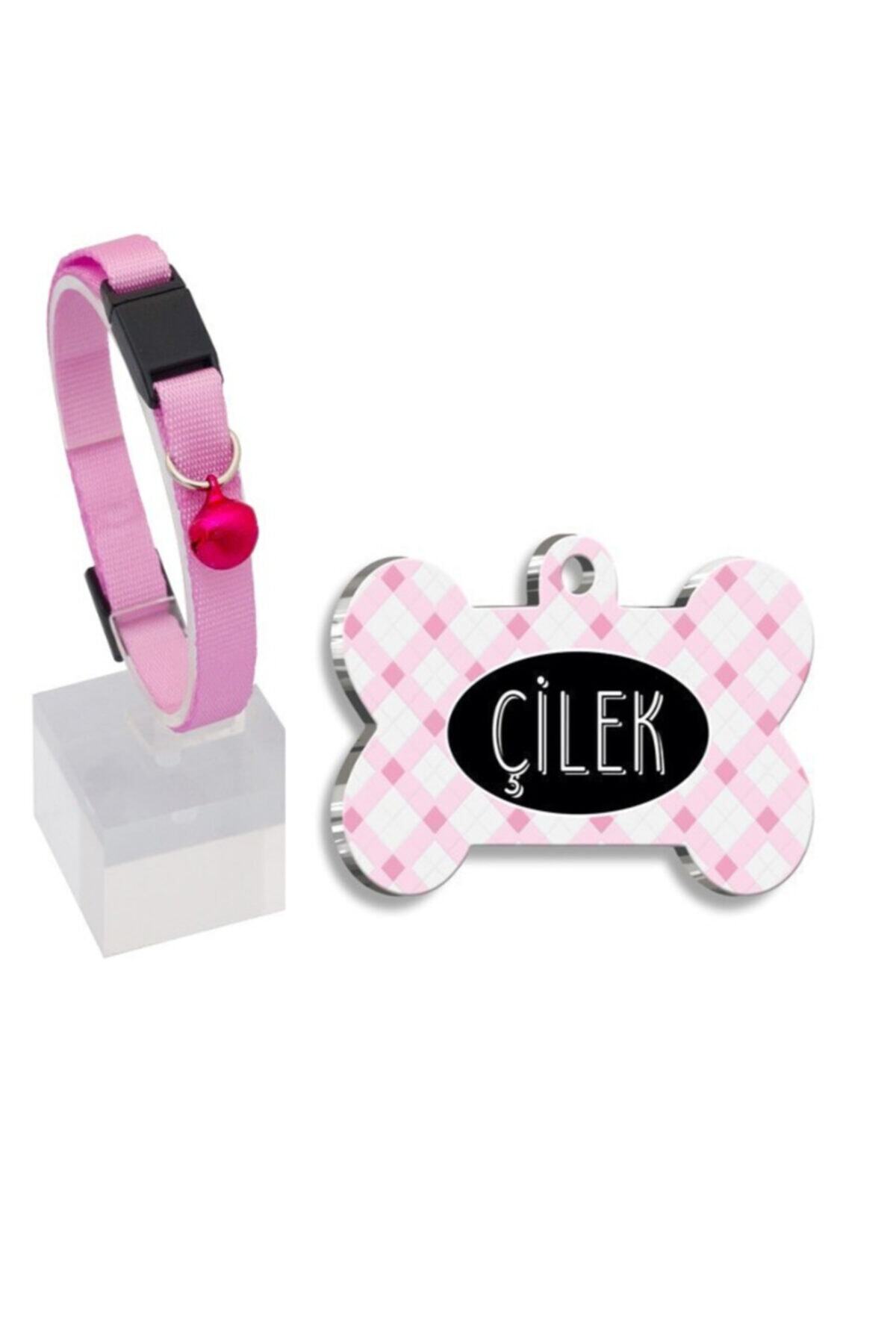 Thepassage Pembe Ekoseli Kemik Şekilli Kedi Köpek Künyesi+kolon Kumaş Tasma 22-30 Cm