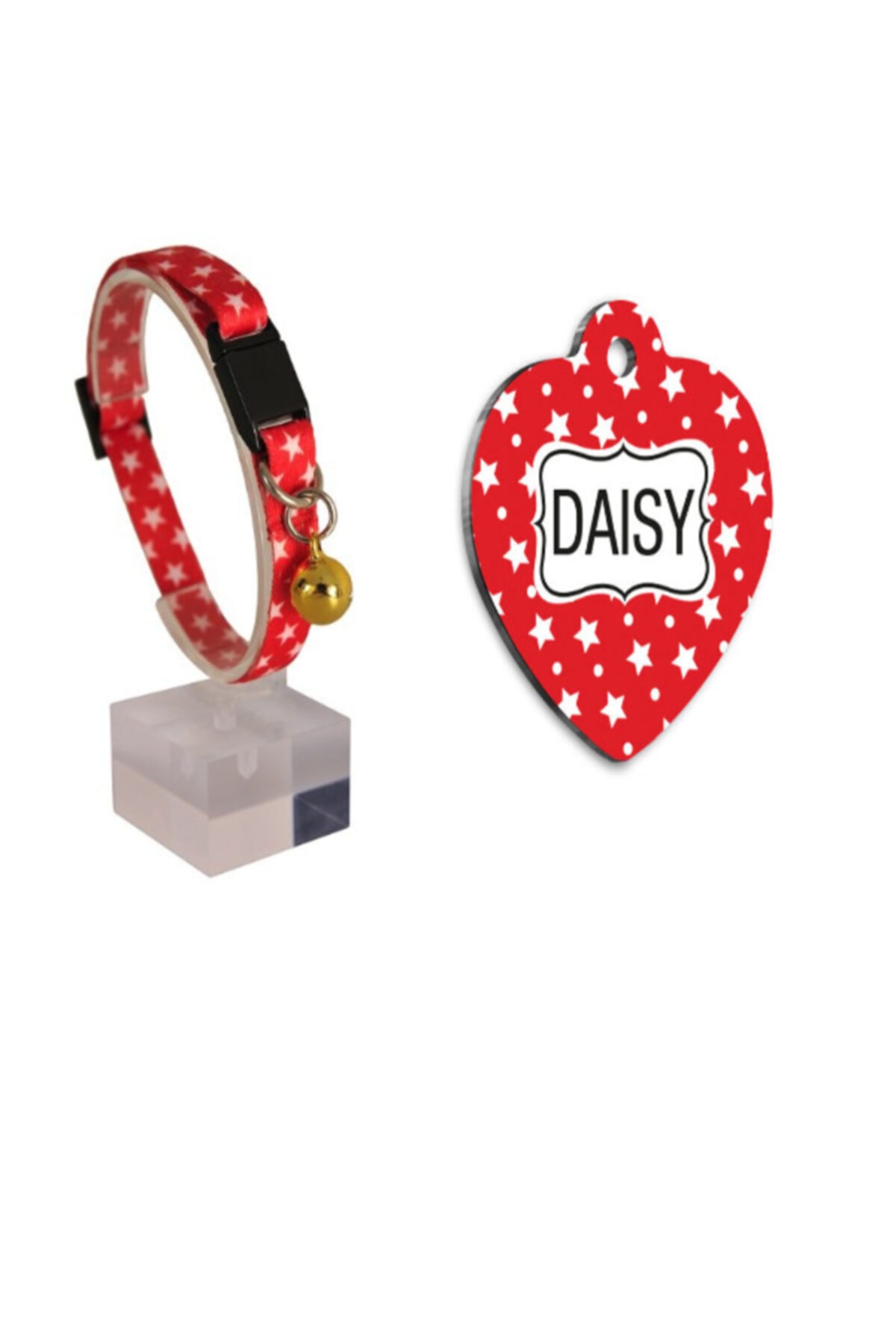 Thepassage Yıldızlı Ayarlanabilir Yumuşak Doku Kedi Boyun Tasması 22-30 Cm+kırmızı Yıldızlı Kalp Künye