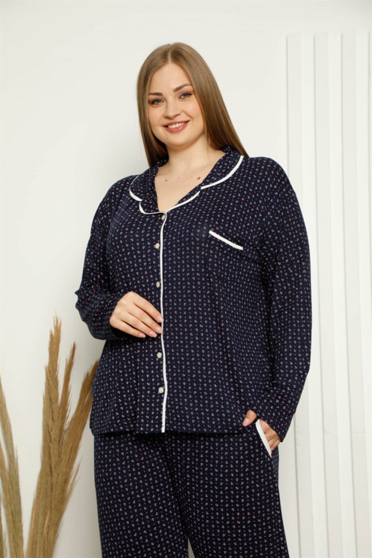 Moda Çizgi Kadın Pamuklu Cepli Uzun Kol Büyük Beden Pijama Takım 202119