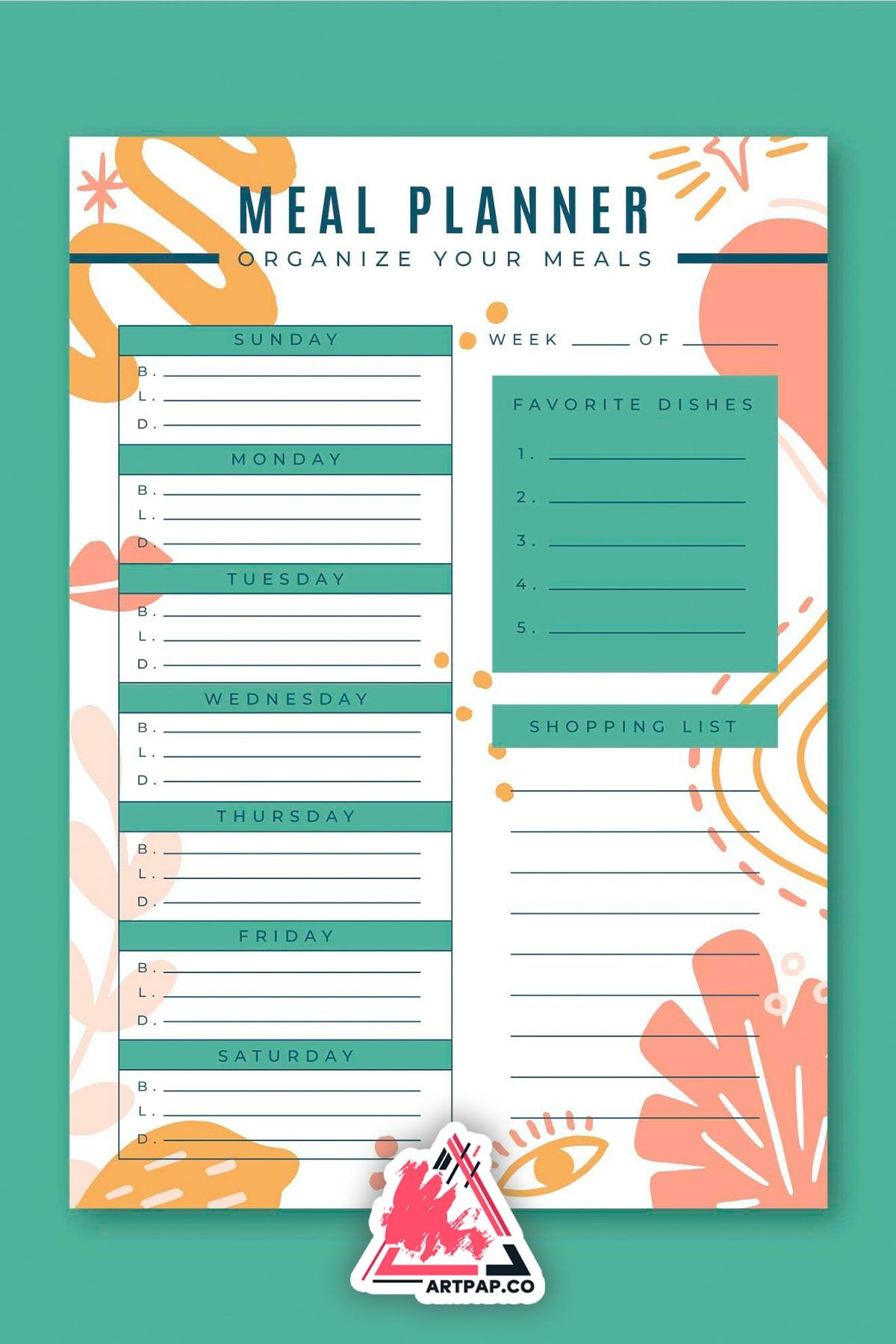 artpap Meal Diet Activty Planner - Günlük Planlayıcı Diyet Alışveriş Planlama Defter A5 15*21cm 50 Yaprak