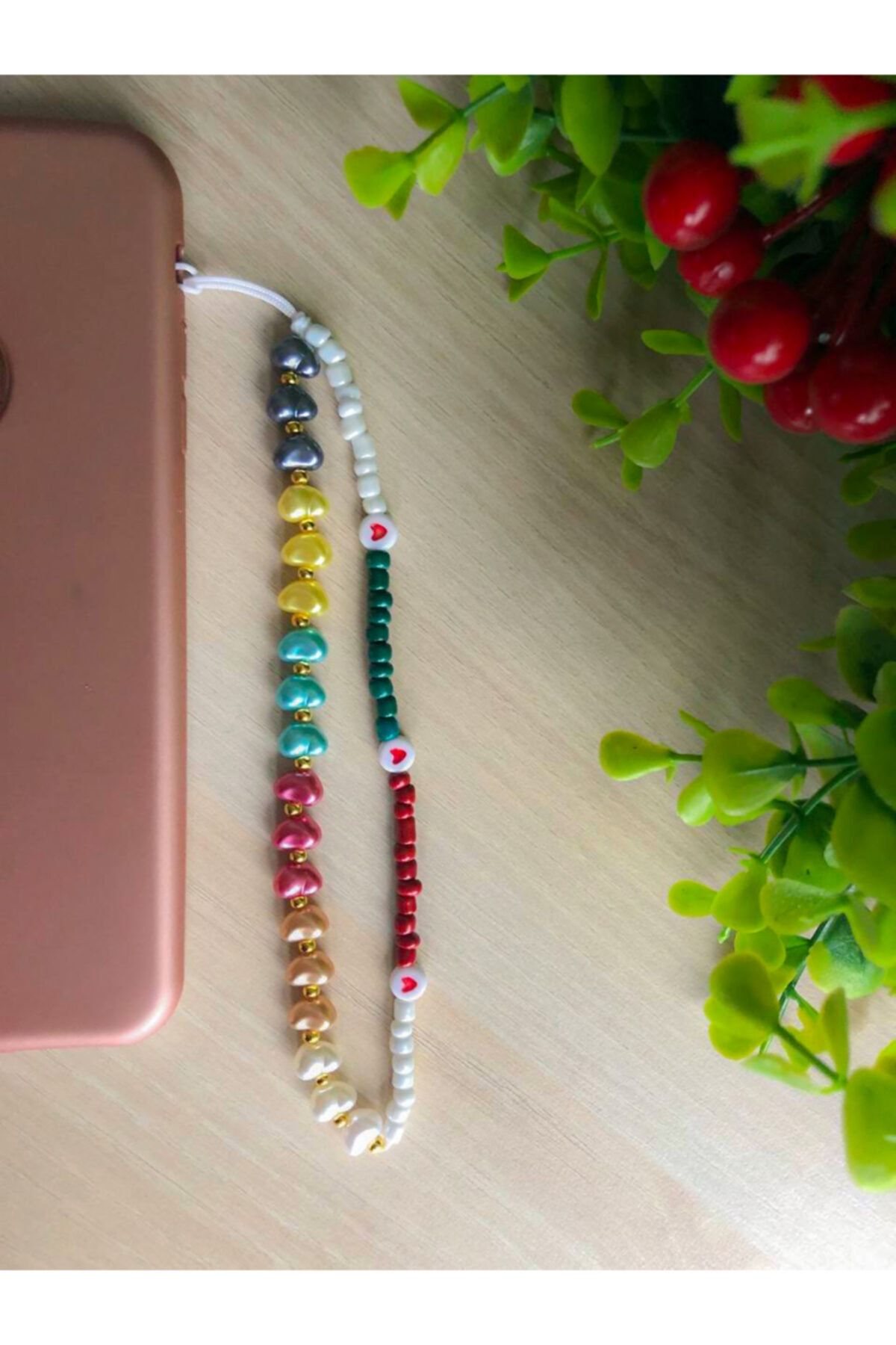 CHARM Renkli Fimo Boncuklu Telefon Askısı, Çanta Cüzdan Süsü - Renkli Kalpli Boncuk