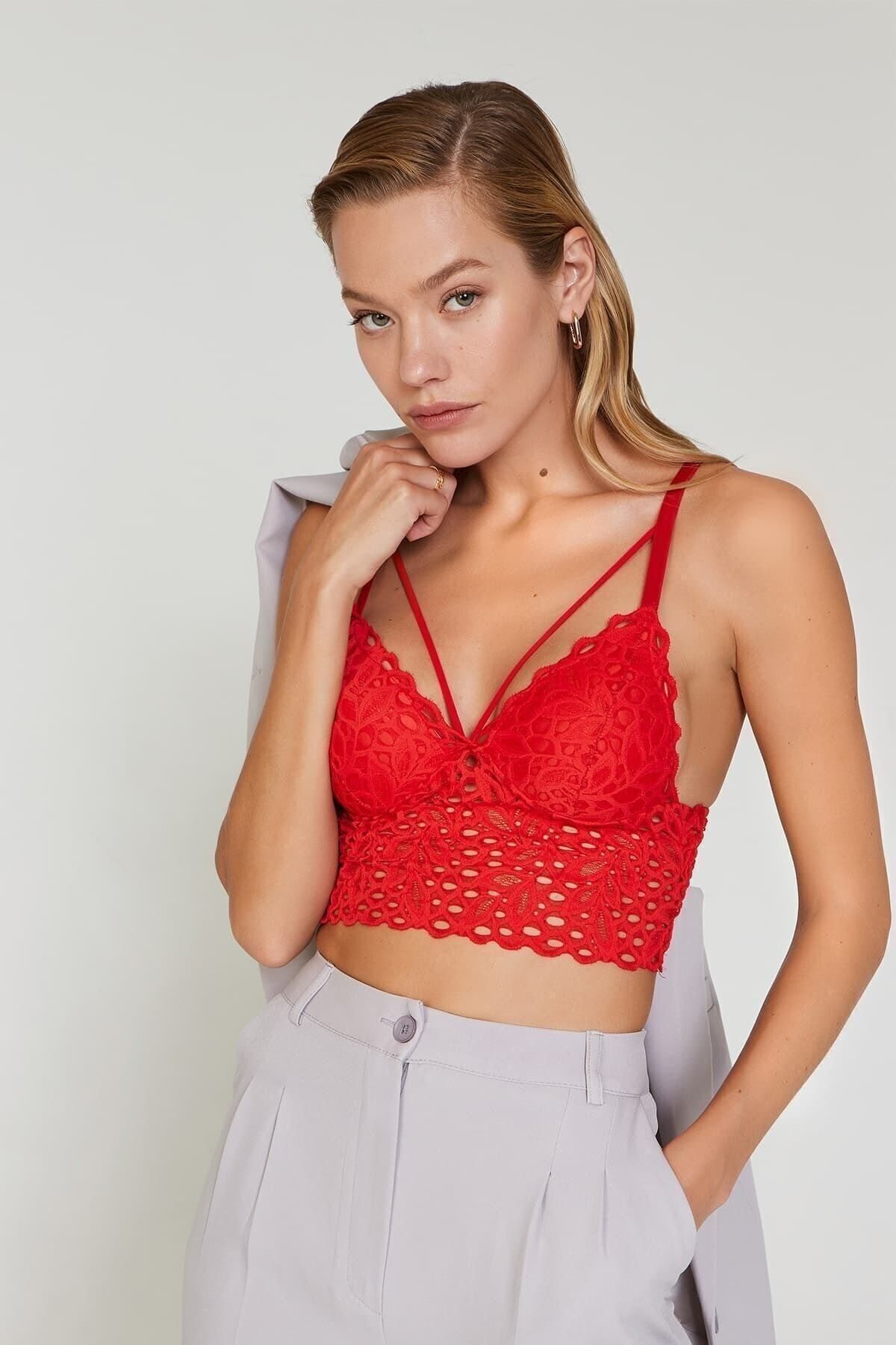 Cansoy Dantelli Kırmızı Bralet Takım
