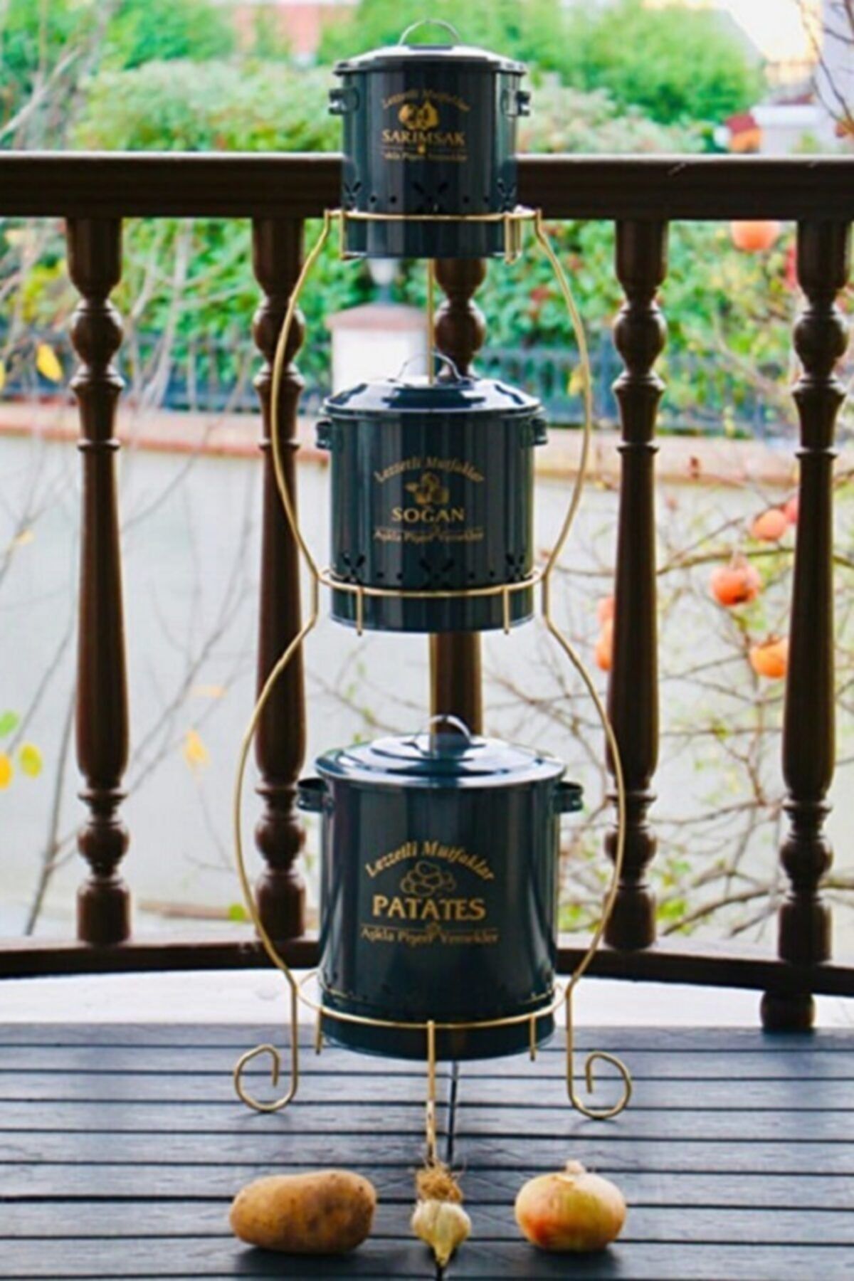 Manor 3 Katlı Gold Standlı Lüx Patates Soğan Sarımsak Kovası-füme/gold