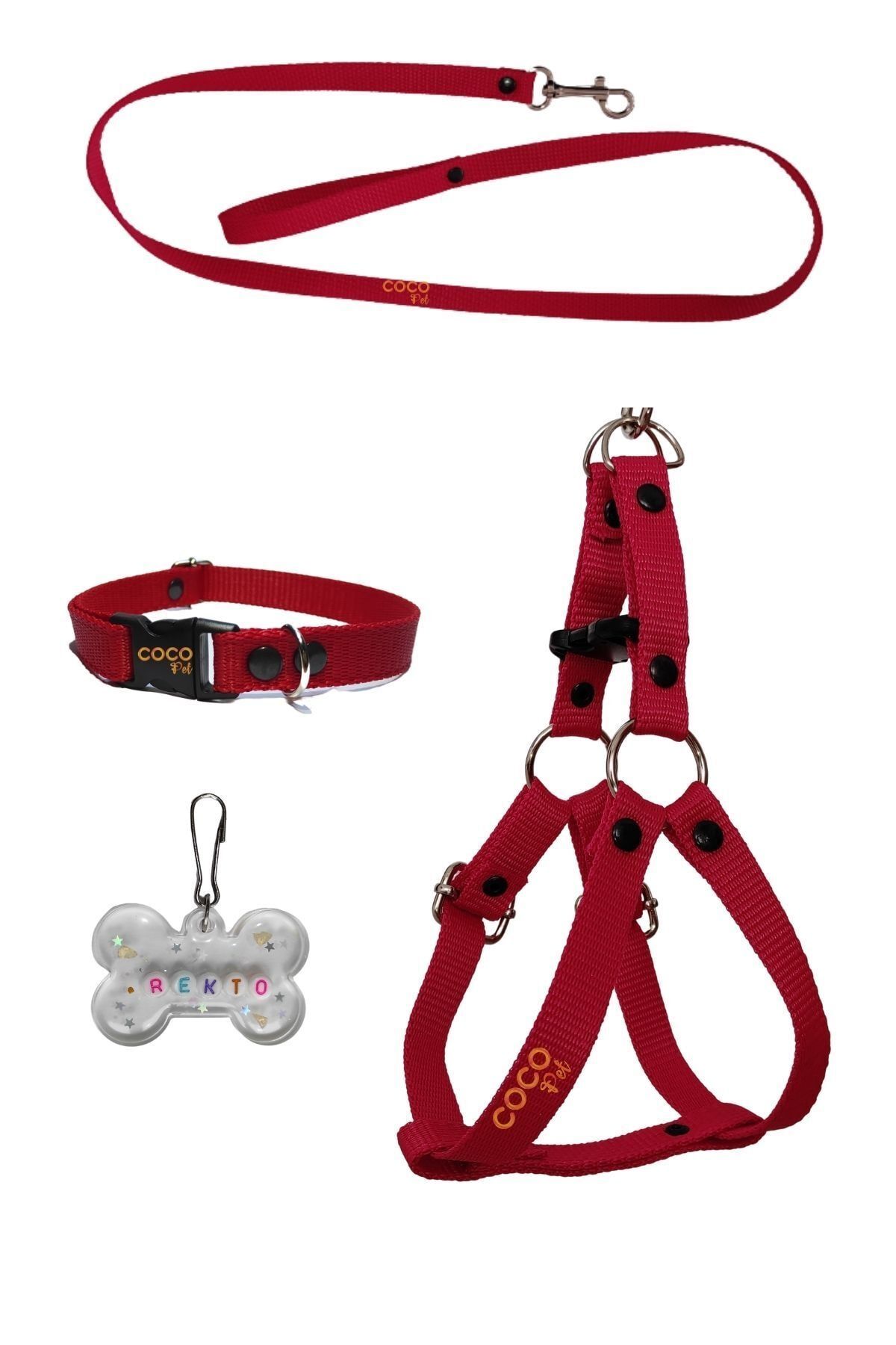 Cocopet Köpek Tasması Seti 4-11 Kg Küçük Irk Göğüs Tasması Boyun Tasması Gezdirme Ipi 3lü Set Kırmızı