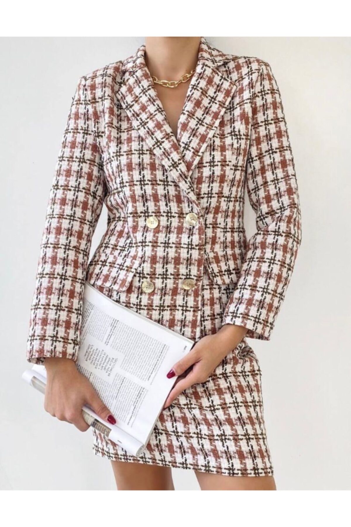 Antaress Şanel Kumaş Tüvit Ceket Etek Ikili Takım Kadın Gül Kurusu