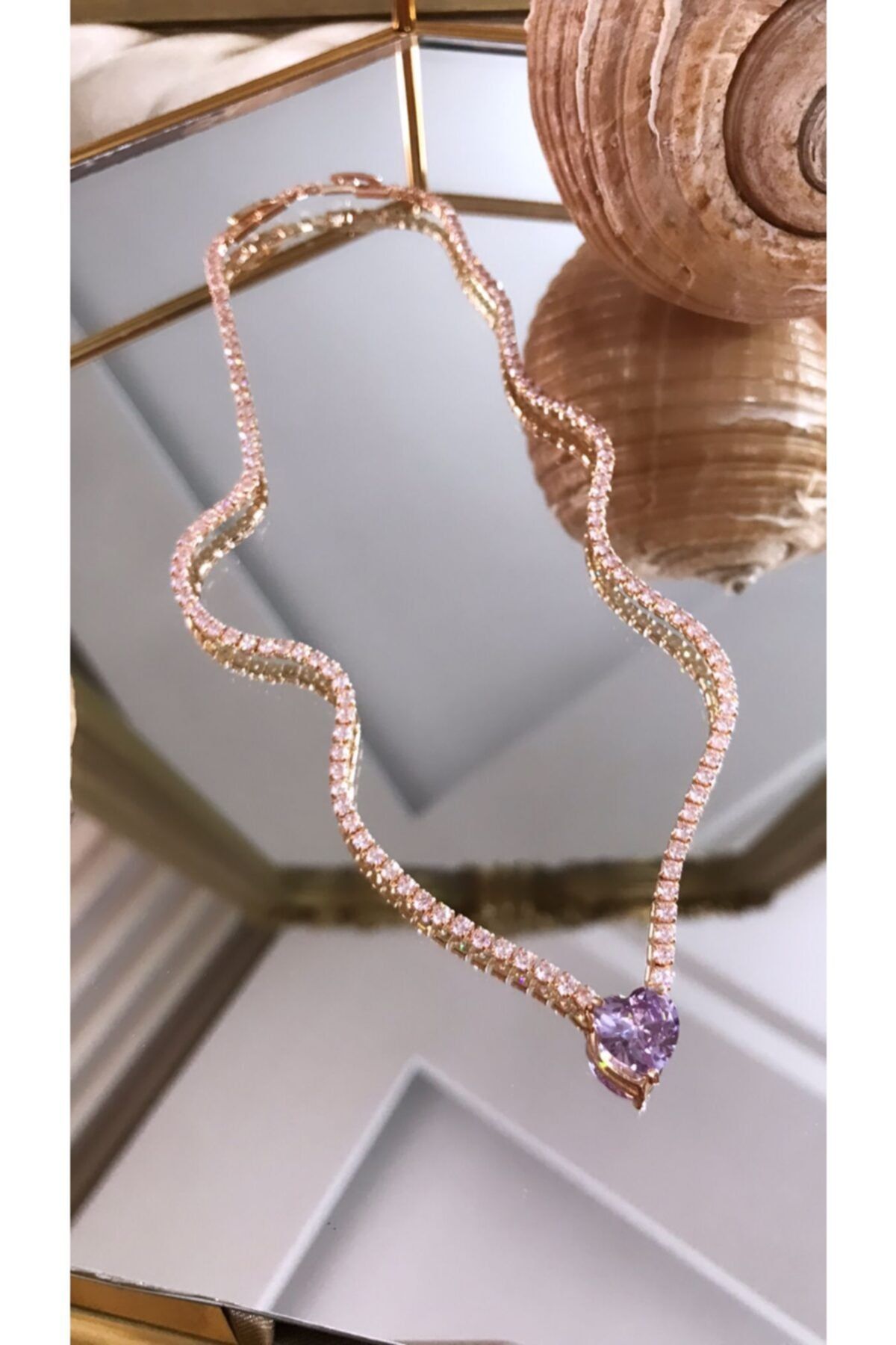 AYCAAKSESUAR Pembe Kalp Taşlı Gold Su Yolu Zincir Kolye