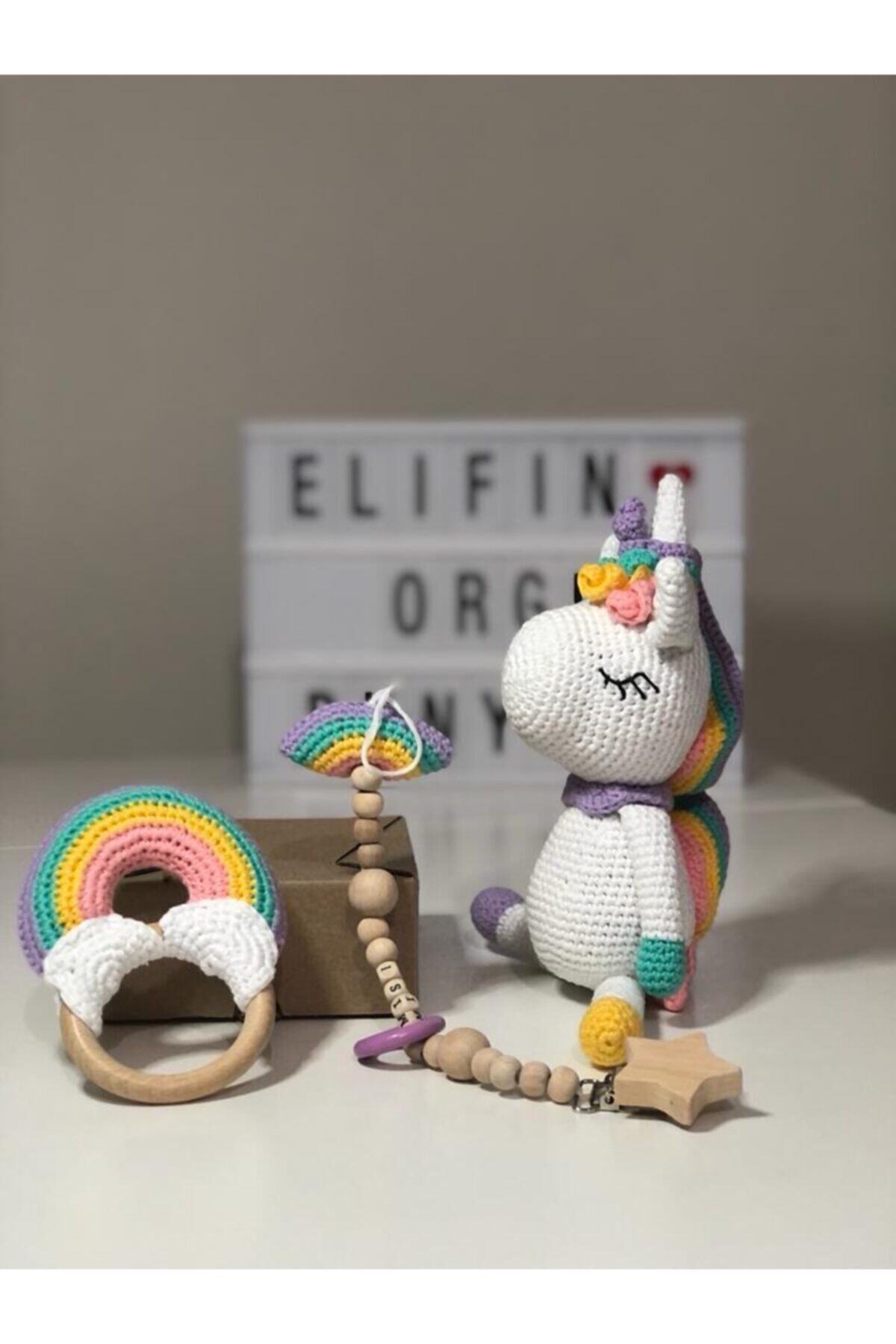 Elifin örgü dünyası Unicorn Diş Kaşıyıcı, Oyun Arkadaşı Ve Isimli Emzik Zinciri 3 Lü Seti