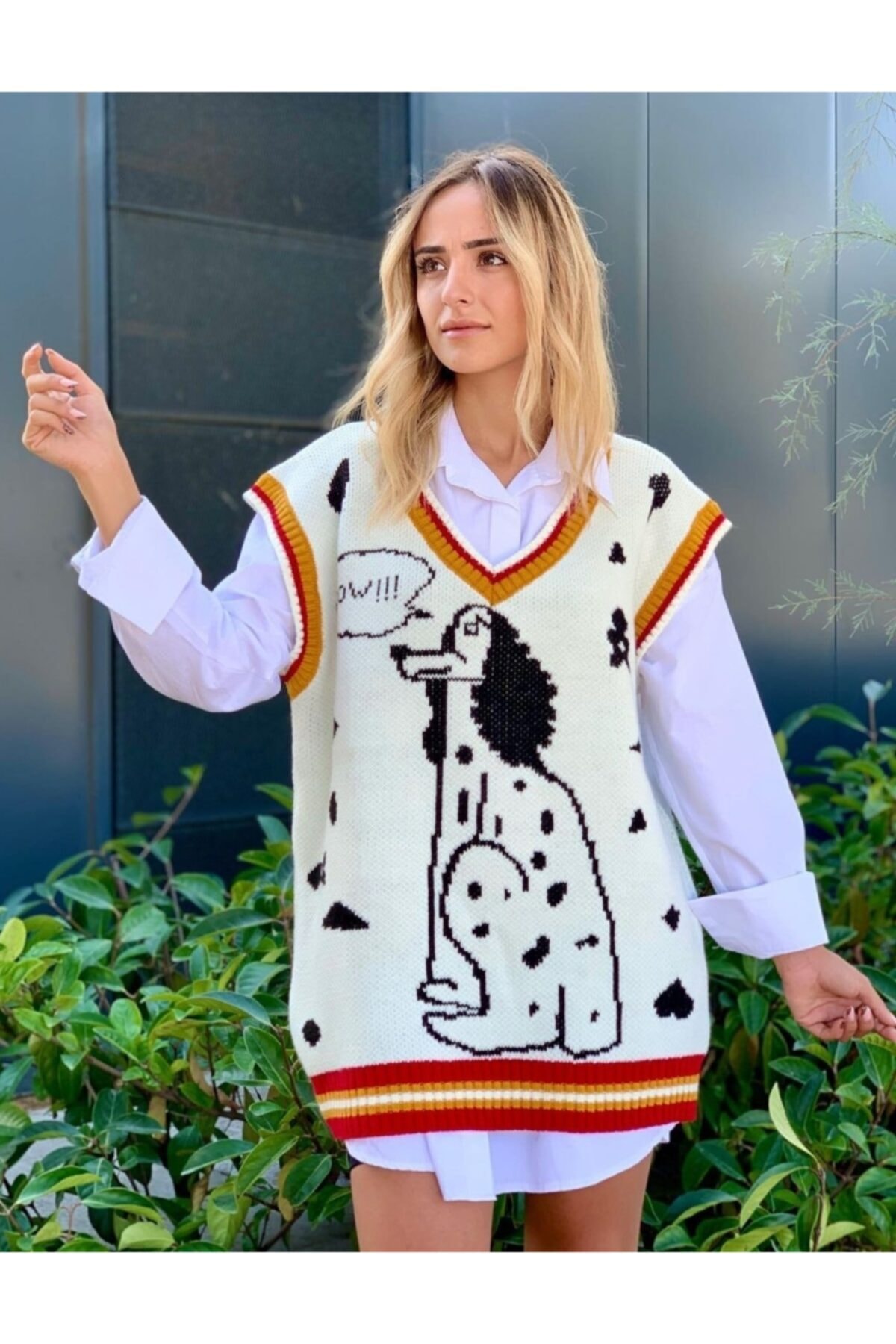 yepp Köpek Desenli V Yaka Süveter