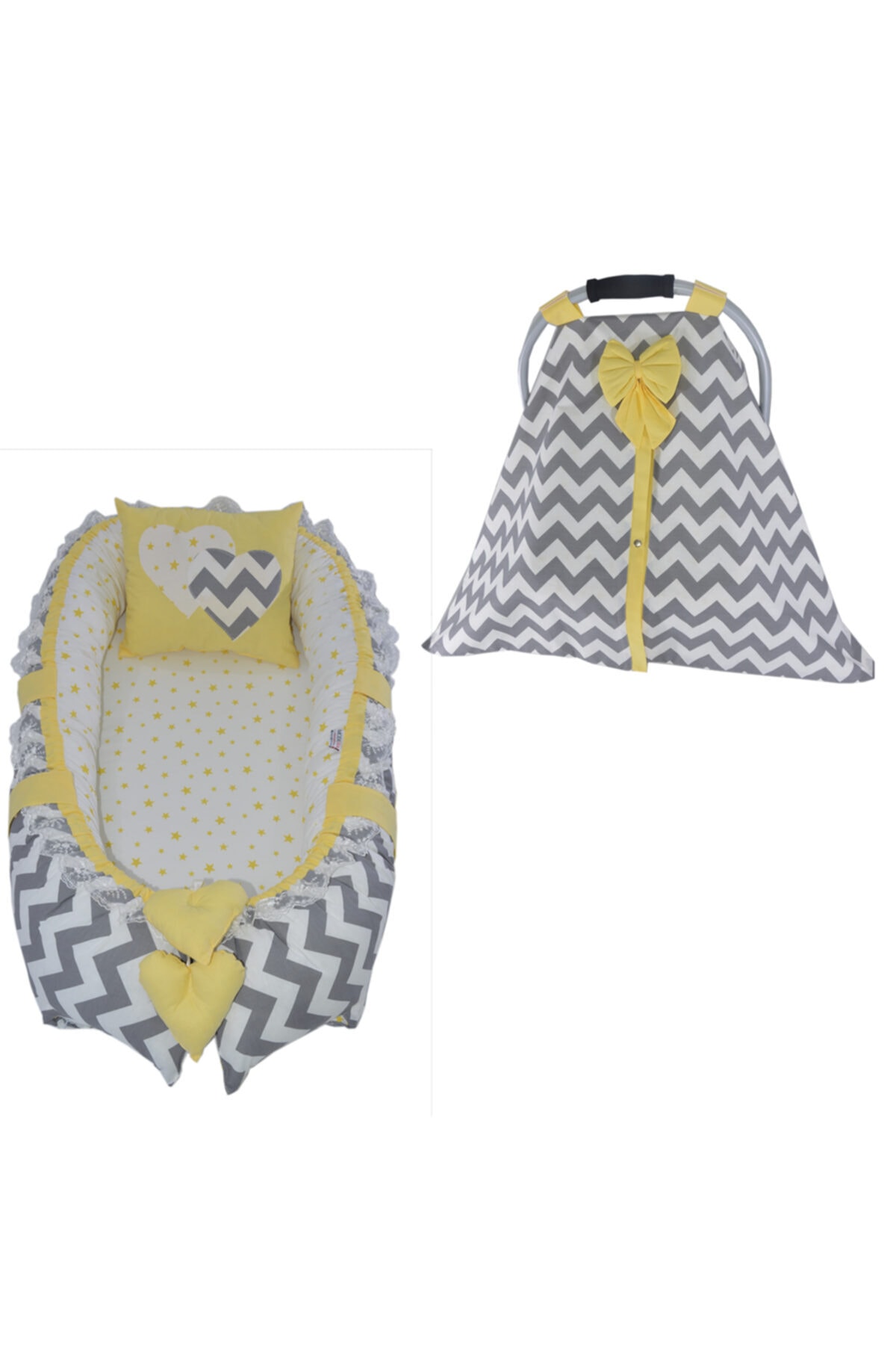 modastra Gri Zigzag Ve Sarı Kombin Babynest Ve Puset Örtüsü Takımı Bebek Yuvası