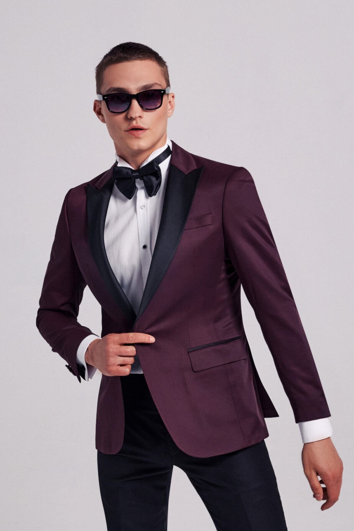 D'S Damat Slim Fit Bordo Armürlü Smokin Takım Elbise