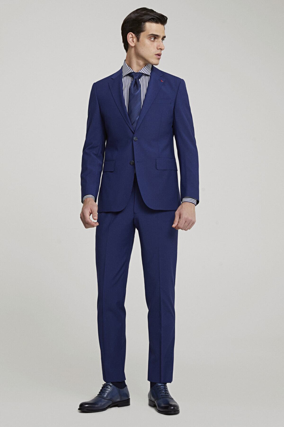 D'S Damat Slim Fit Saks Mavi Düz Travel Takım Elbise