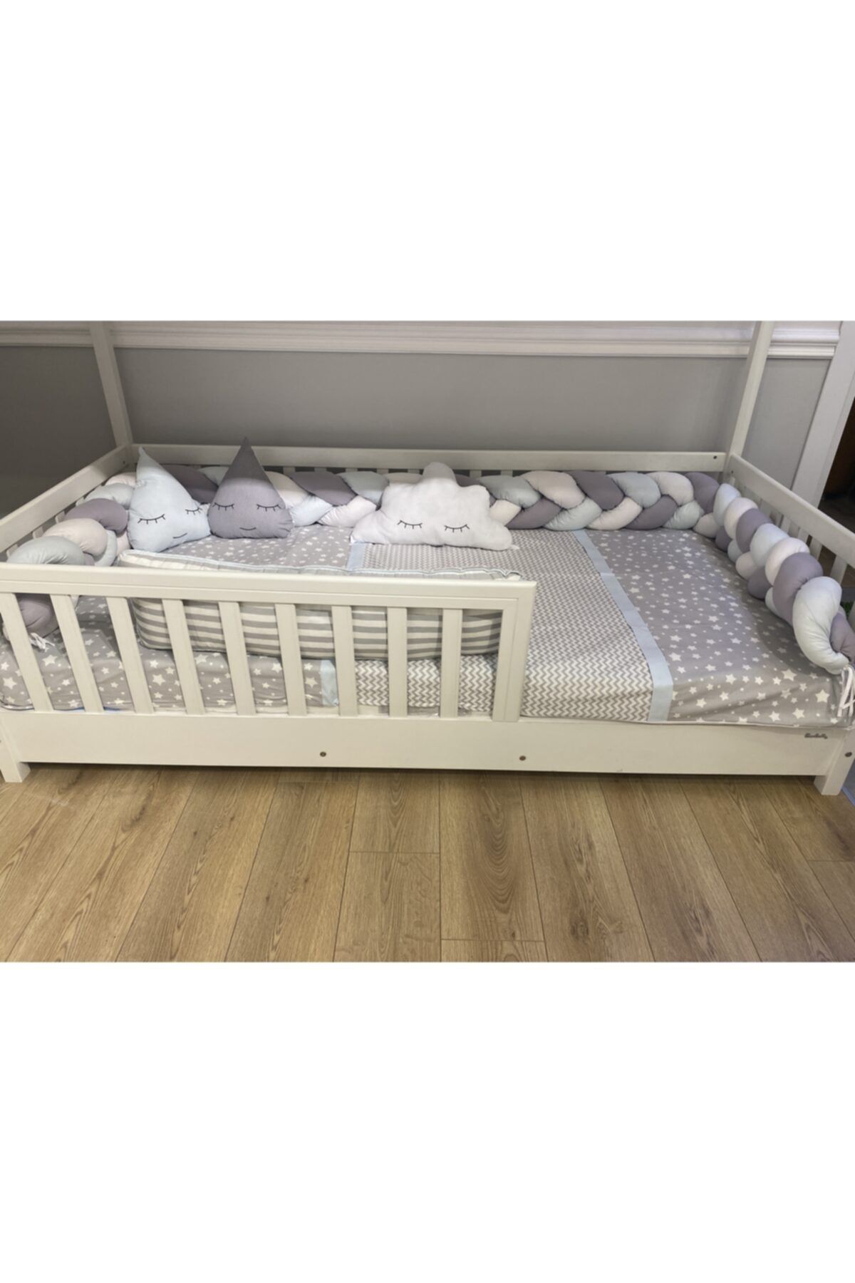BabyMiky Buz Mavisi Gri 3'lü Örgülü Montessori Bebek Çocuk Montessori Nevresim Uyku Seti Ve Kenar Koruma Örgü