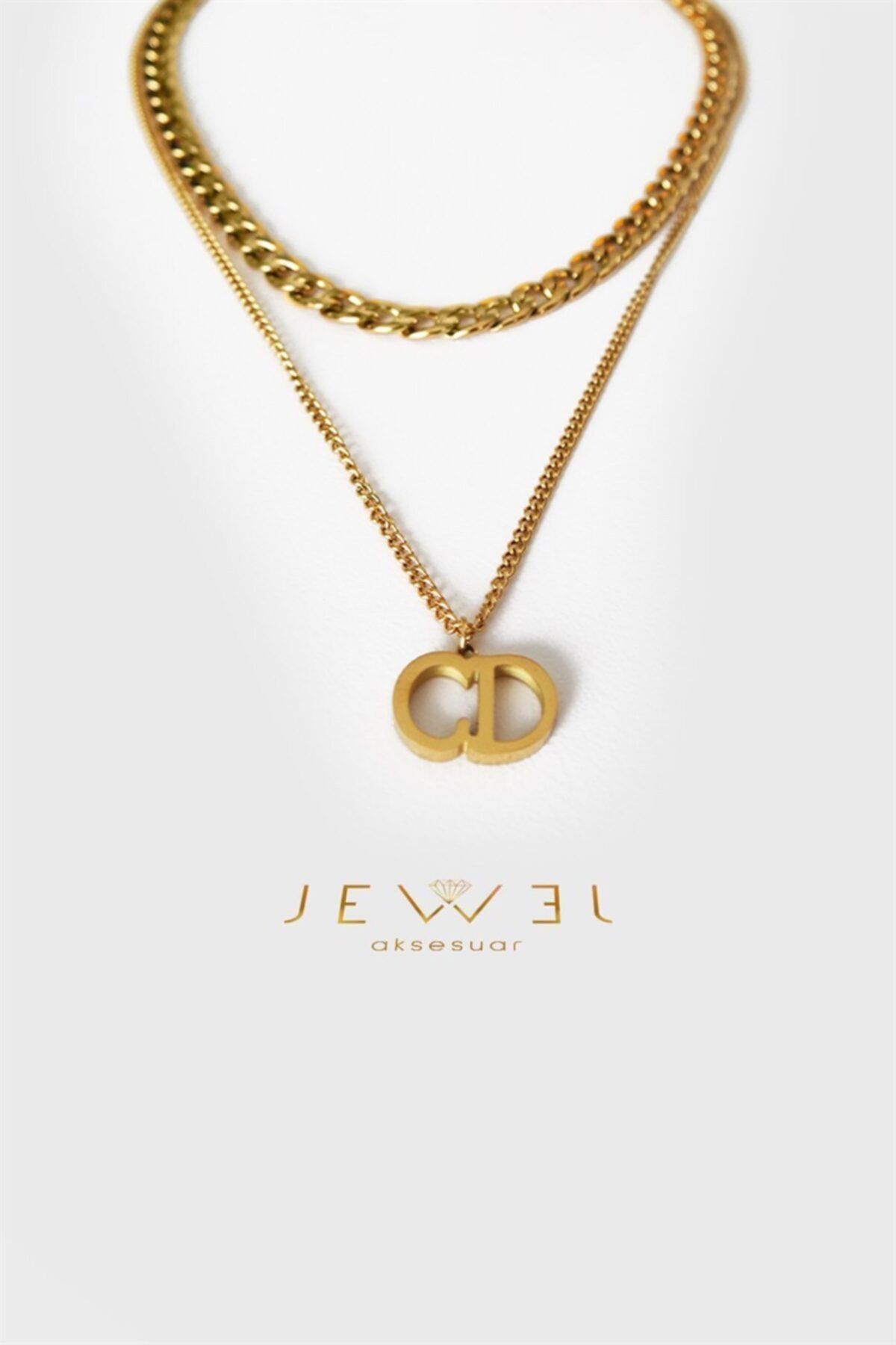 Jewel Çift Kalın Zincir Cd Model Gold Altın Kaplama Kolye