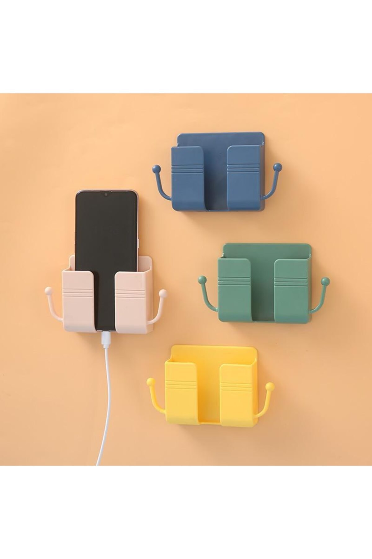 NEWSTORE HOME Kulplu Yapıştırmalı Telefon Kumanda Tutucu Şarj Priz Askısı ve Telefon Standı Kablo Tutucu Lacivert