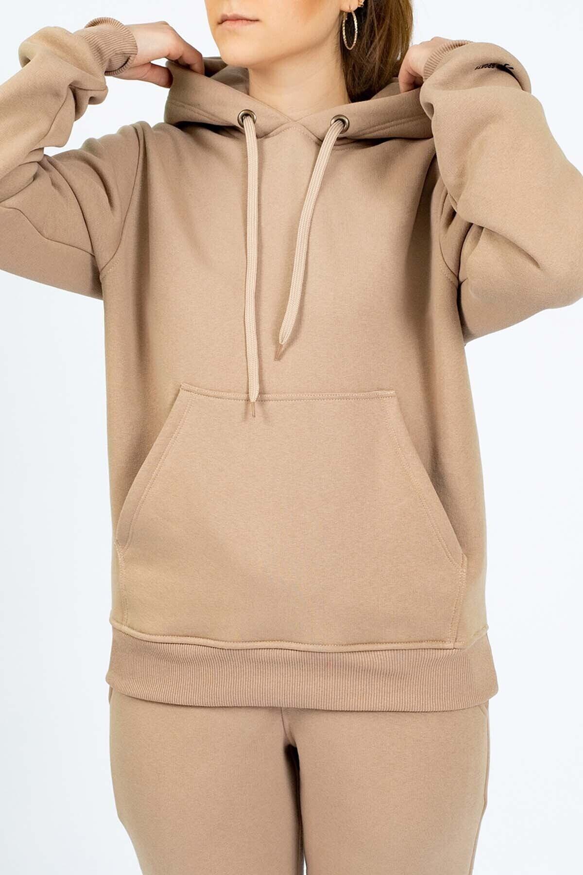 The Step Sports Kadın Camel Fit Kanguru Cepli Kapüşonlu Sweatshirt