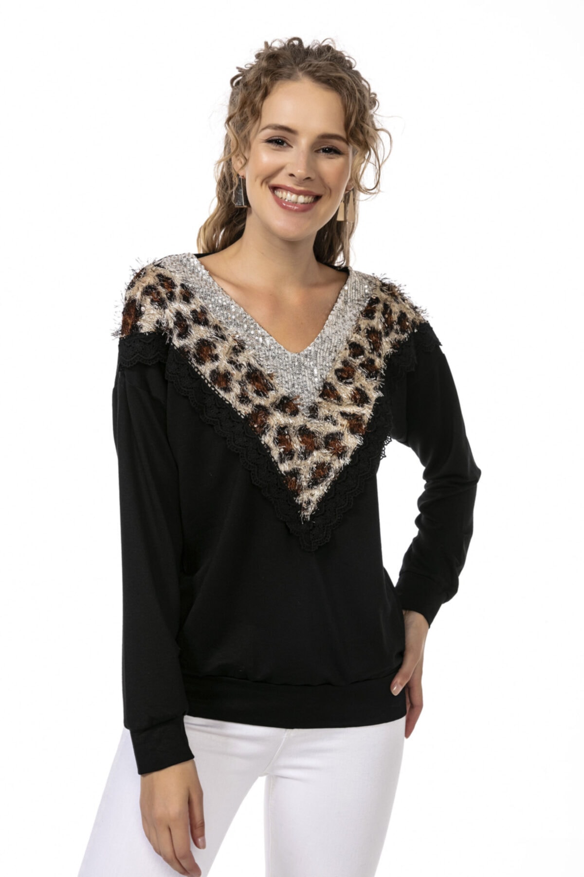Modagusto Siyah Gümüş Payetli V Yaka Leopar Desenli Bluz