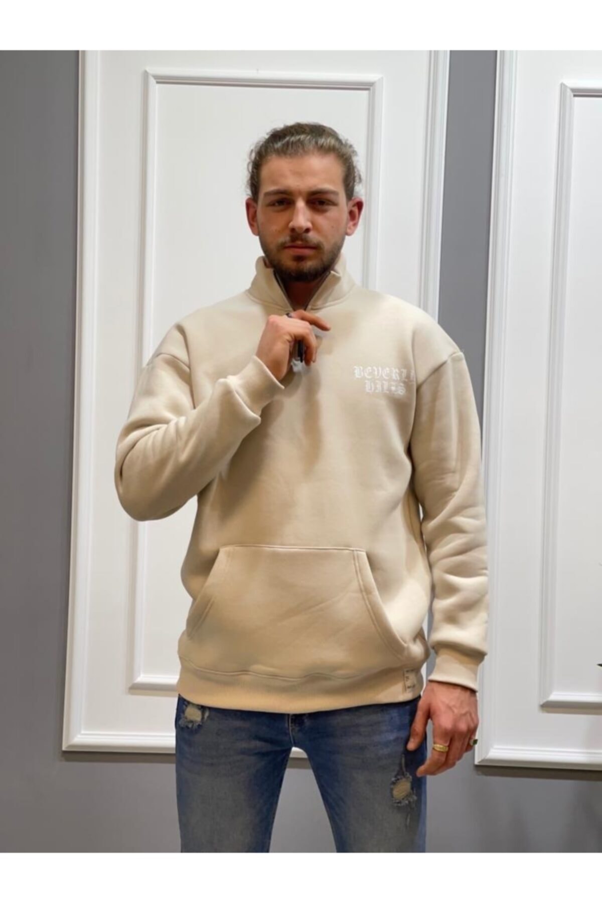 BLACK Pamuklu Yarım Fermuarlı Krem Süveter