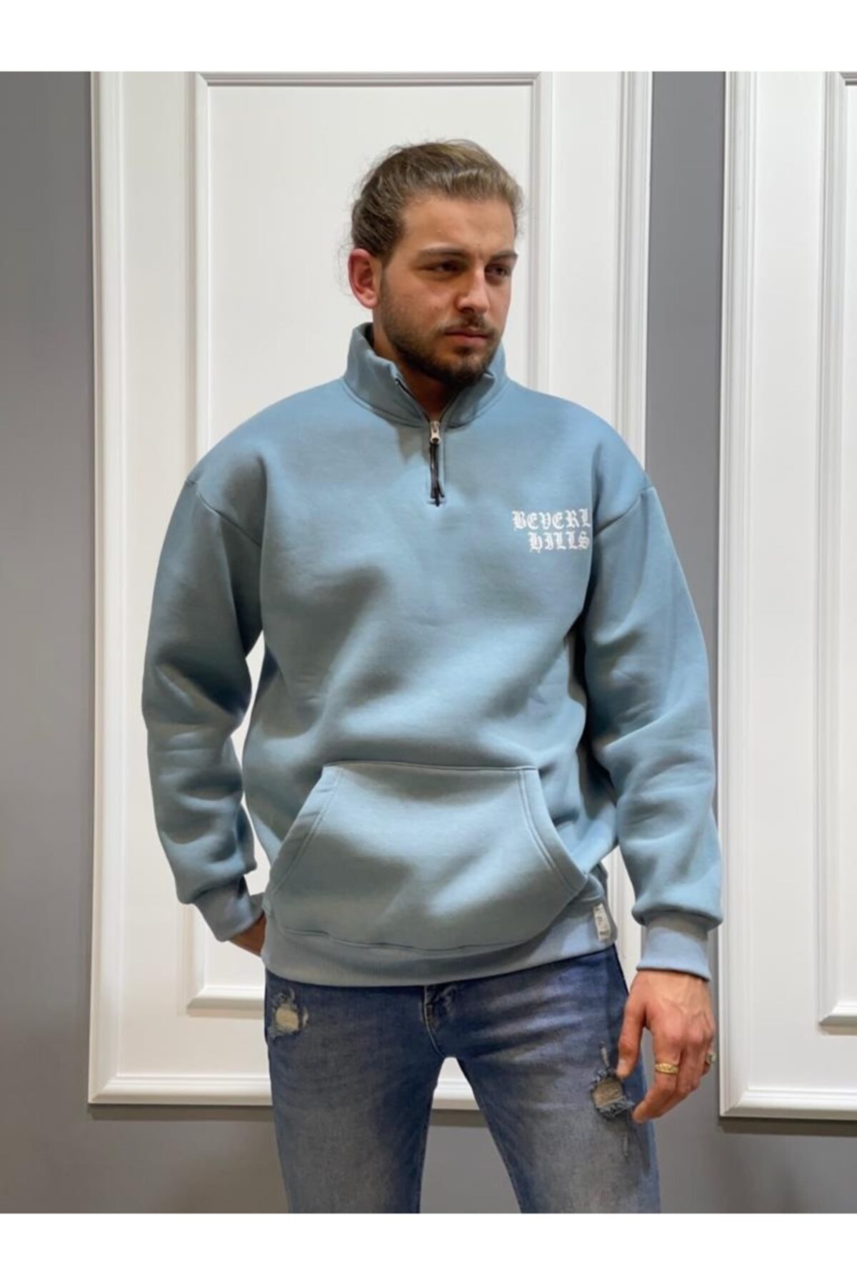 BLACK Pamuklu Yarım Fermuarlı Mavi Süveter