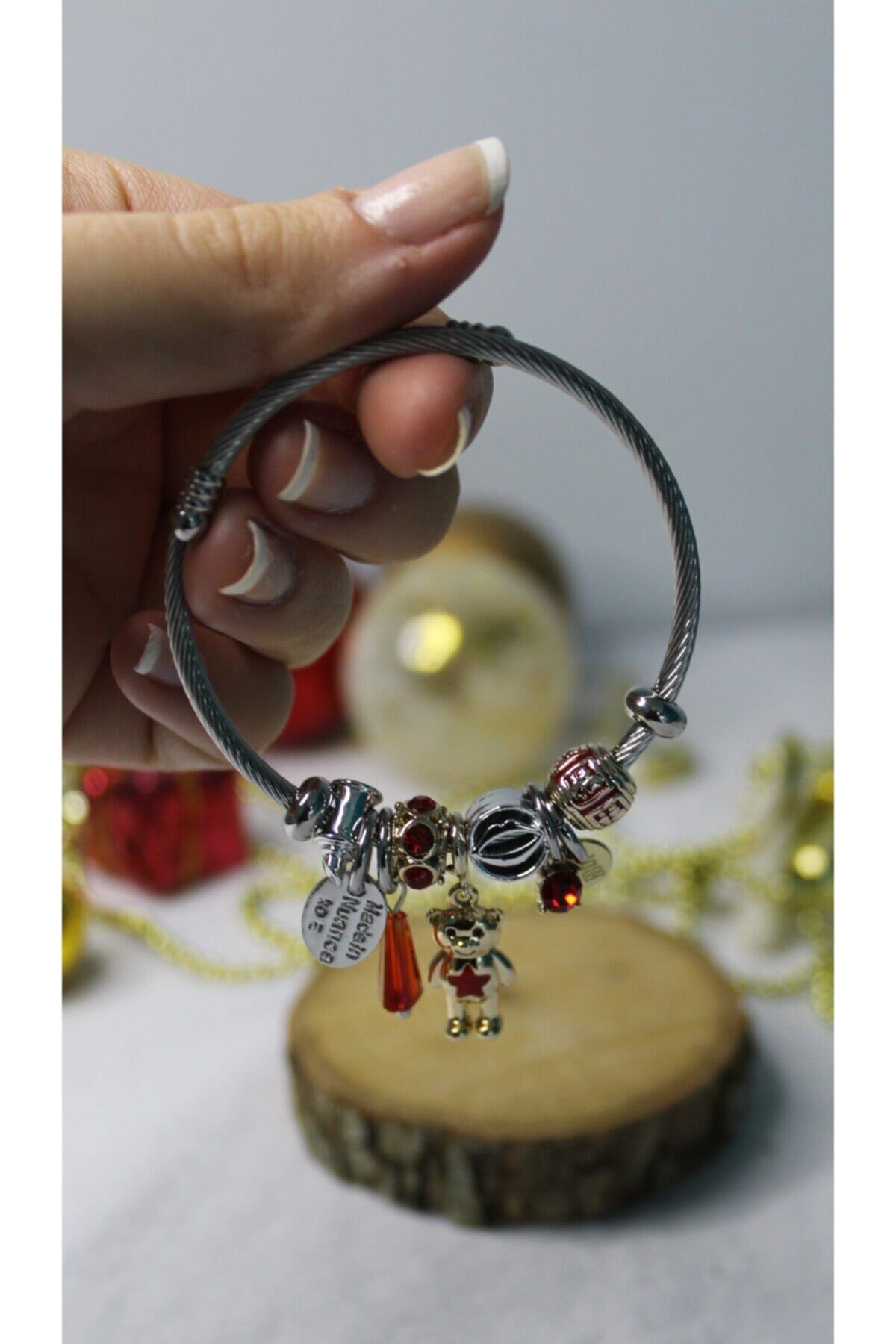bijuterim Kadın Ayıcık Figürlü Pandora Charm Çelik Bileklik